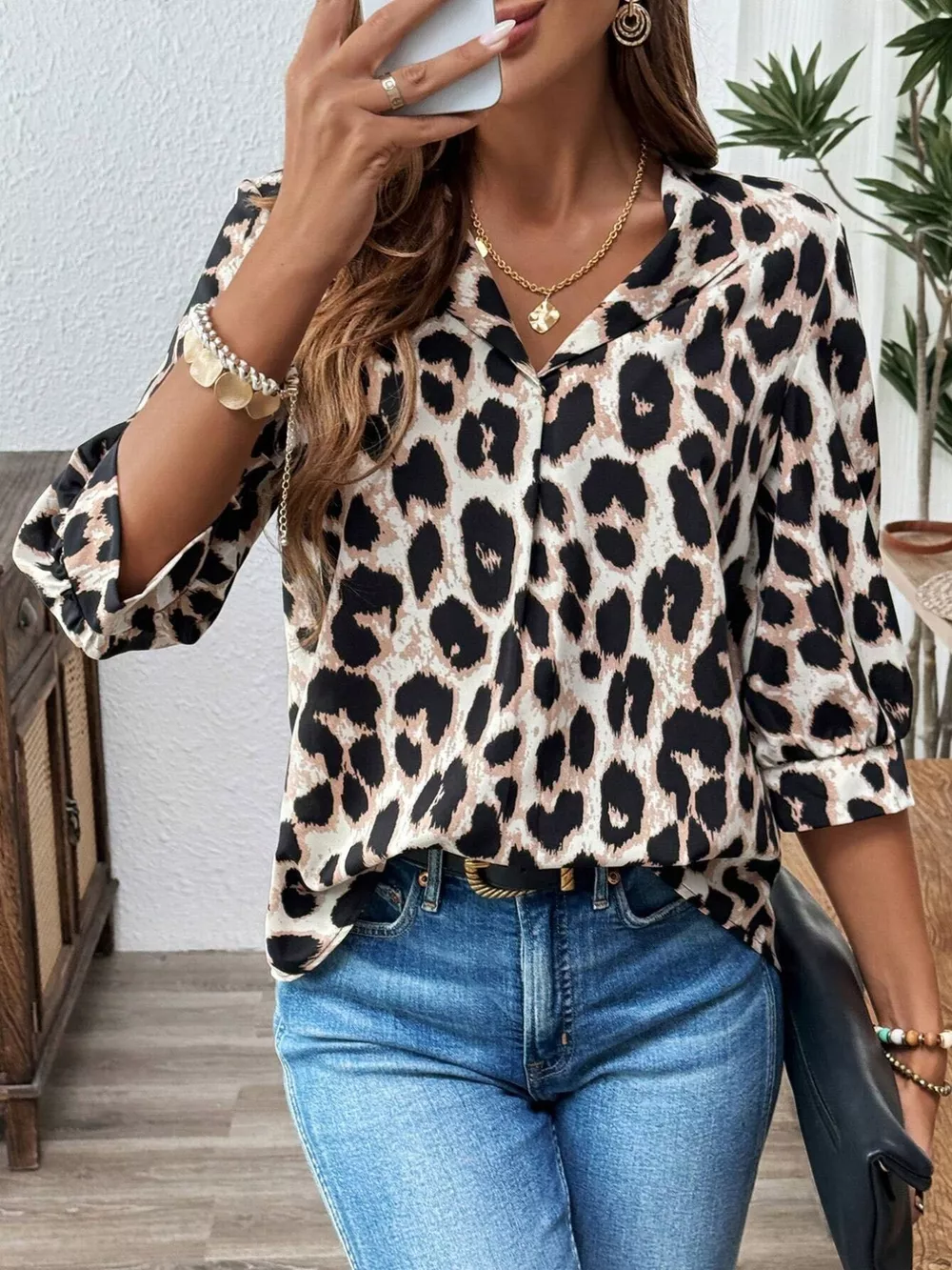 Leopard Print 3/4 Sleeve Blouse, image 2