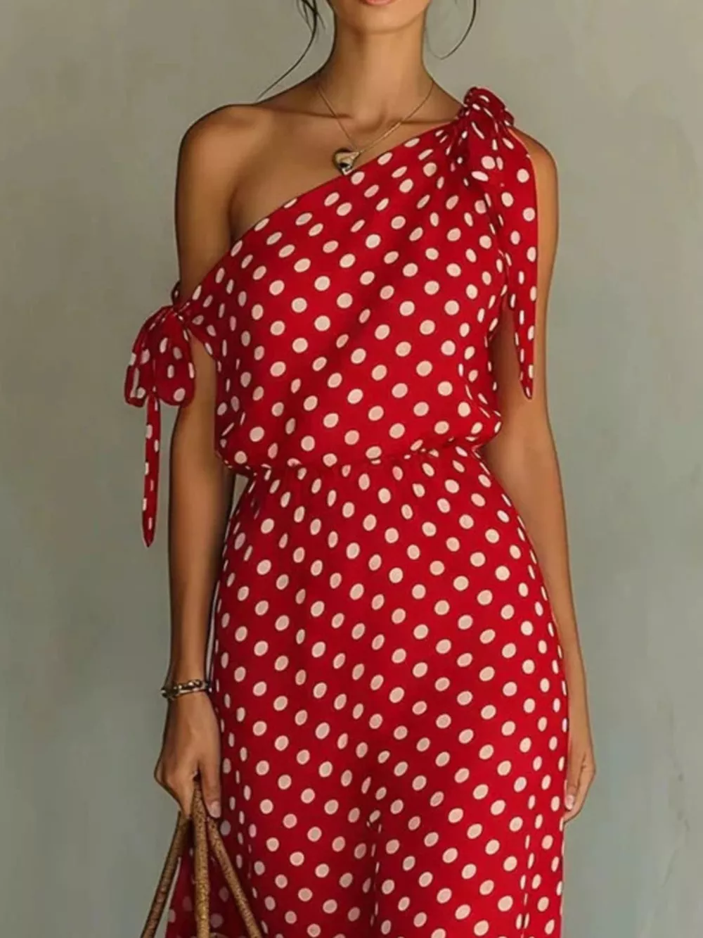 Full Size Polka Dot One-Shoulder Maxi Dress with Tie Details Plus Size, image 7