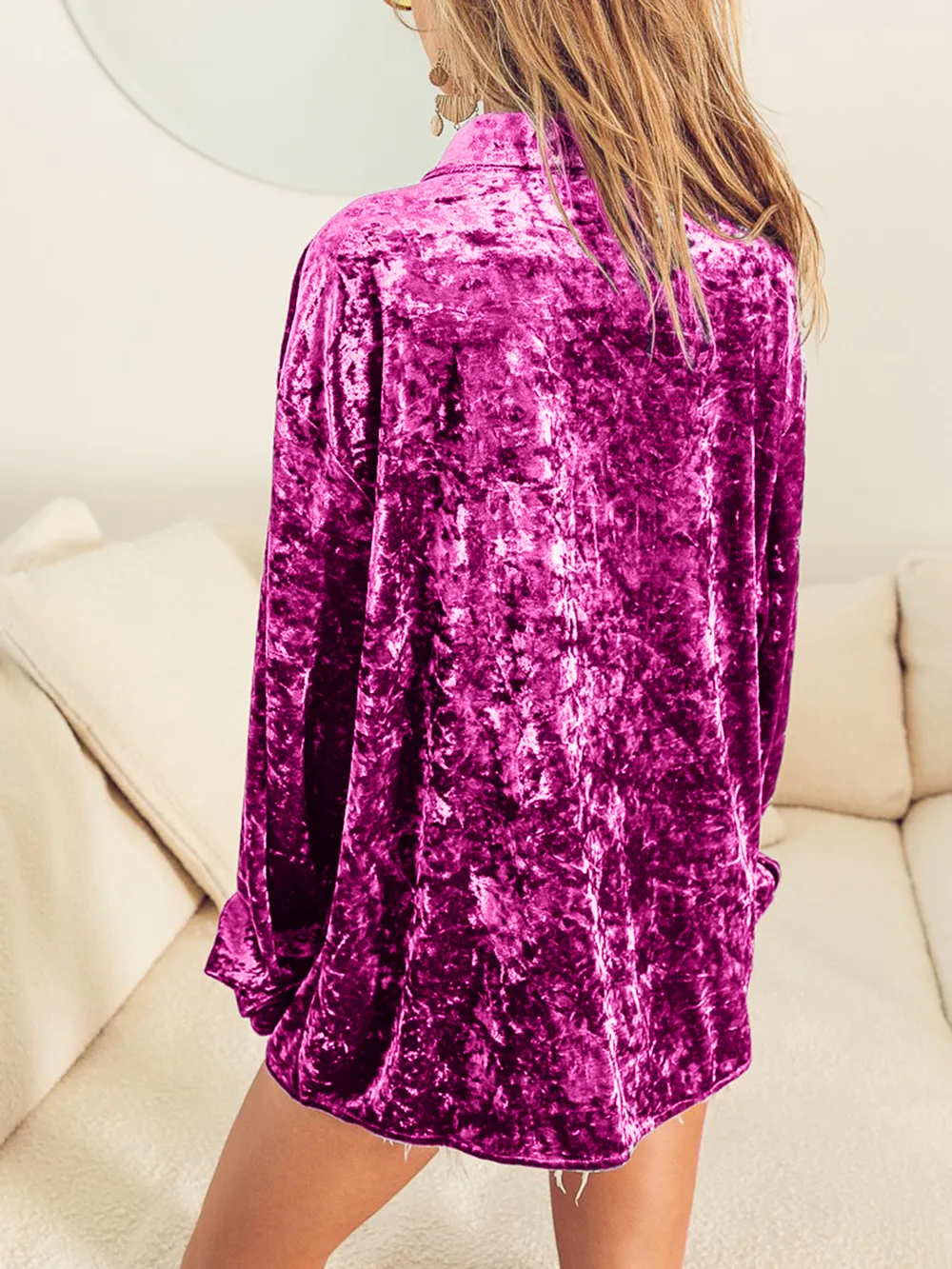 Collared Neck Long Sleeve Velvet Shirt, image 2