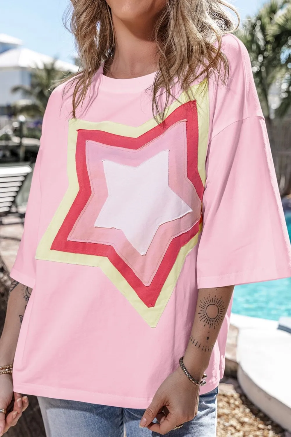 Color Block Star Patched Oversized T-Shirt, image 4