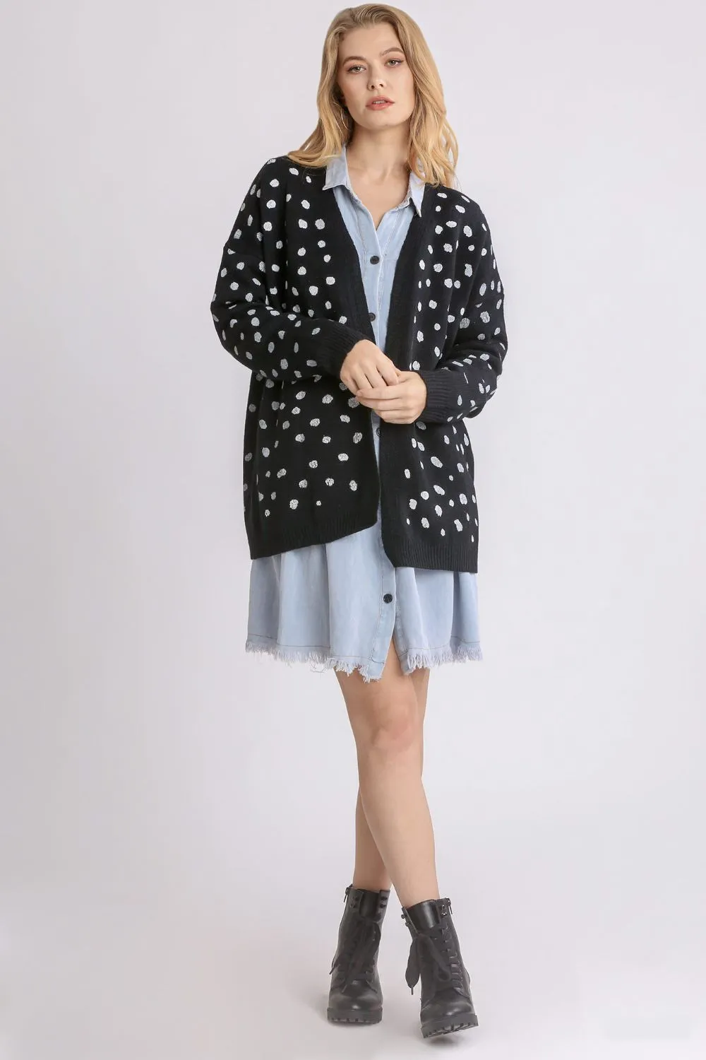 Polka Dot Open Front Drop Shoulder Cardigan, image 2