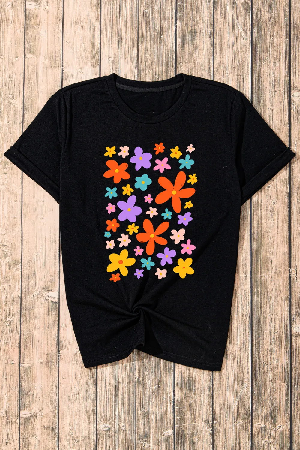 Flower Graphic Round Neck Short Sleeve T-Shirt, image 2