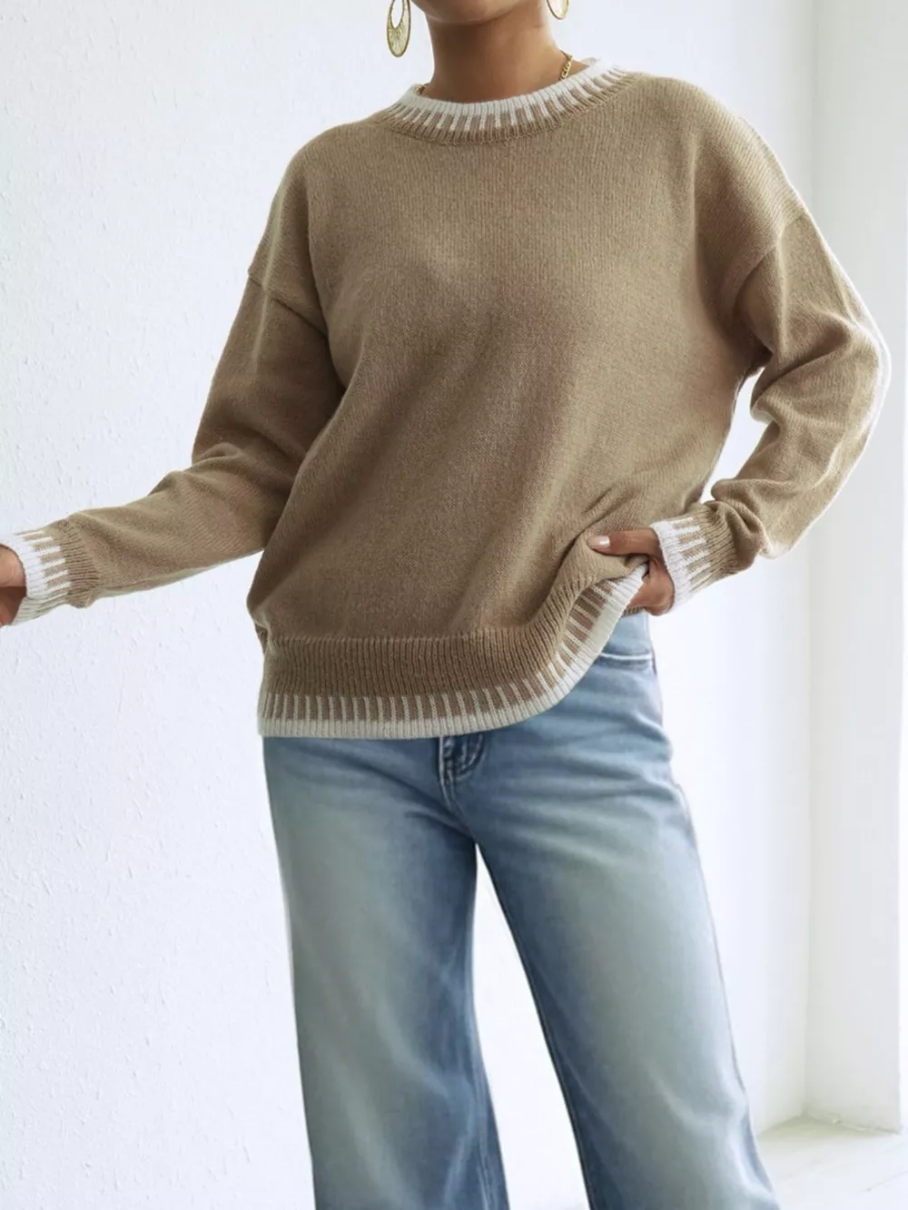 Contrast Trim Crew Neck Drop Shoulder Sweater, image 11