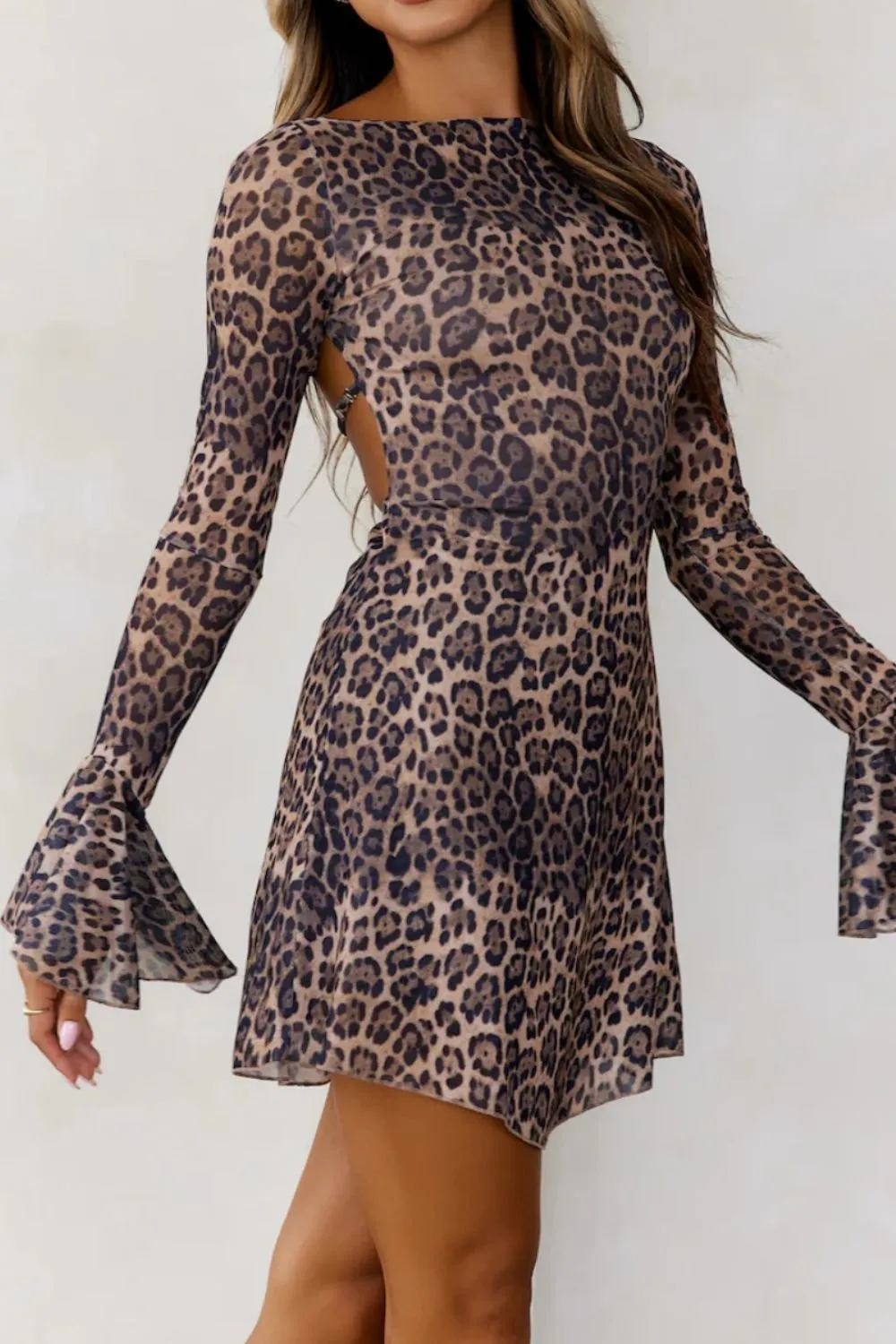 Backless Leopard Flare Sleeve Dress, image 2