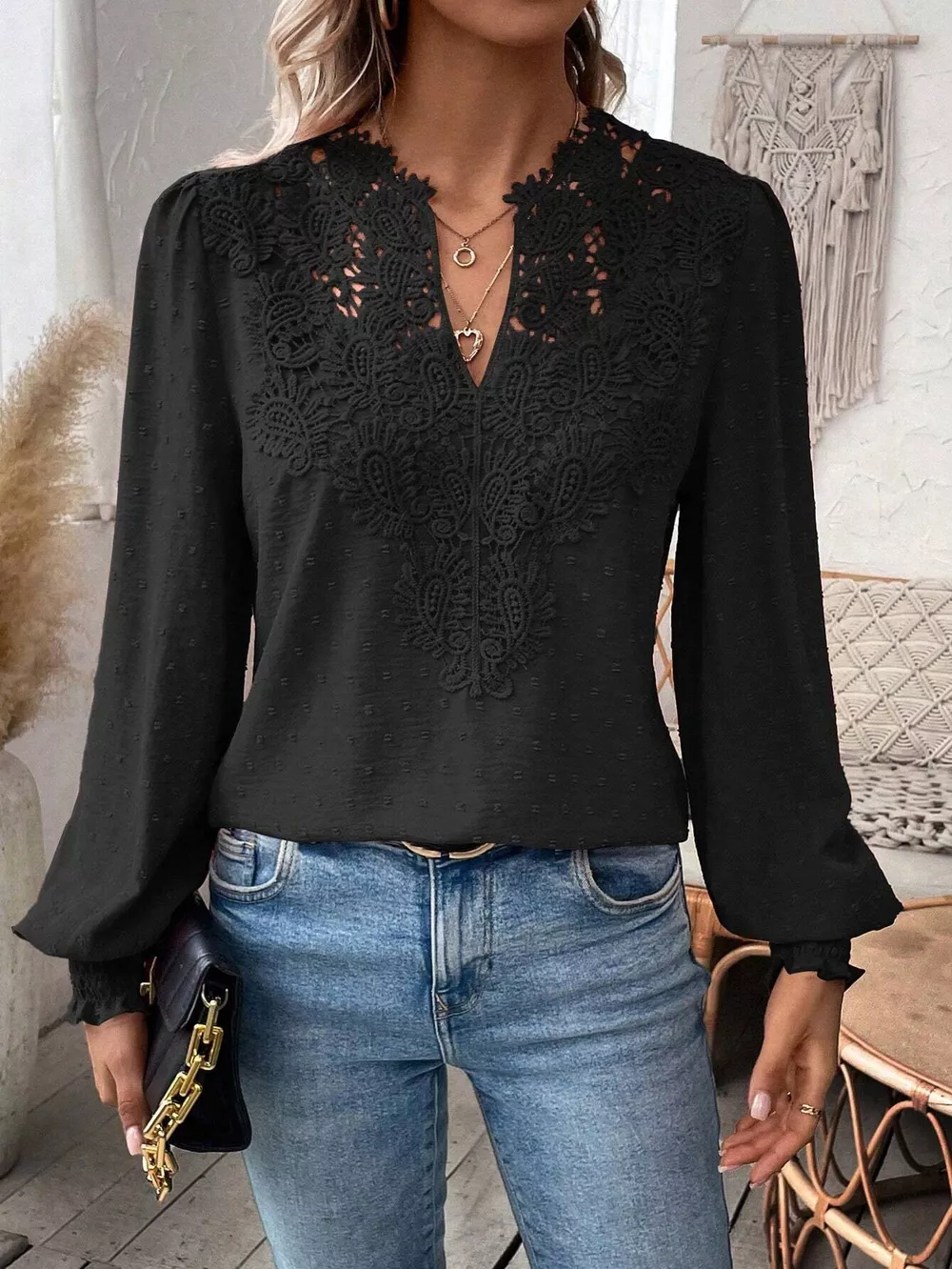 Swiss Dot Lace Detail Long Sleeve Blouse, image 3