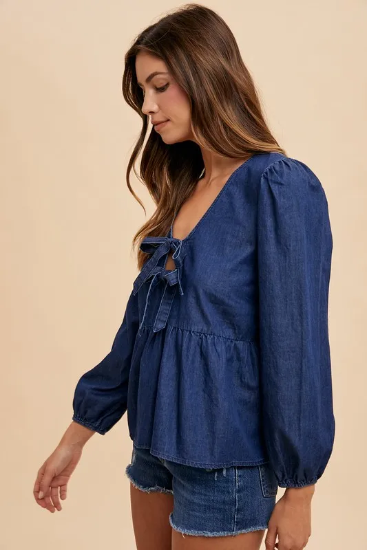 Tie Front Peplum Long Sleeve Denim Top, image 2