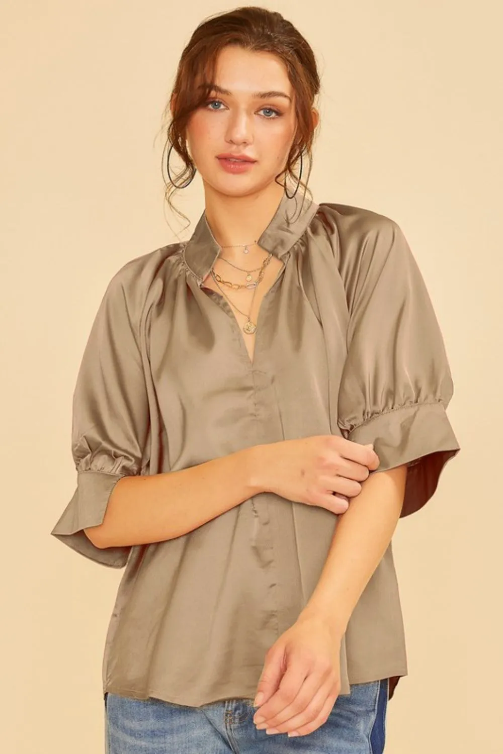 Satin V Neck Open Short Sleeve Woven Blouse Top