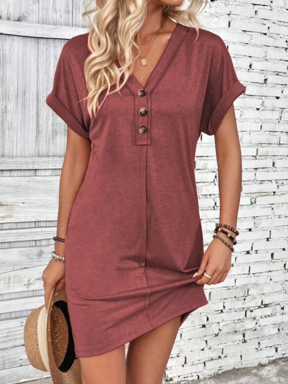 Quarter Button V-Neck Short Sleeve Dress, image 2