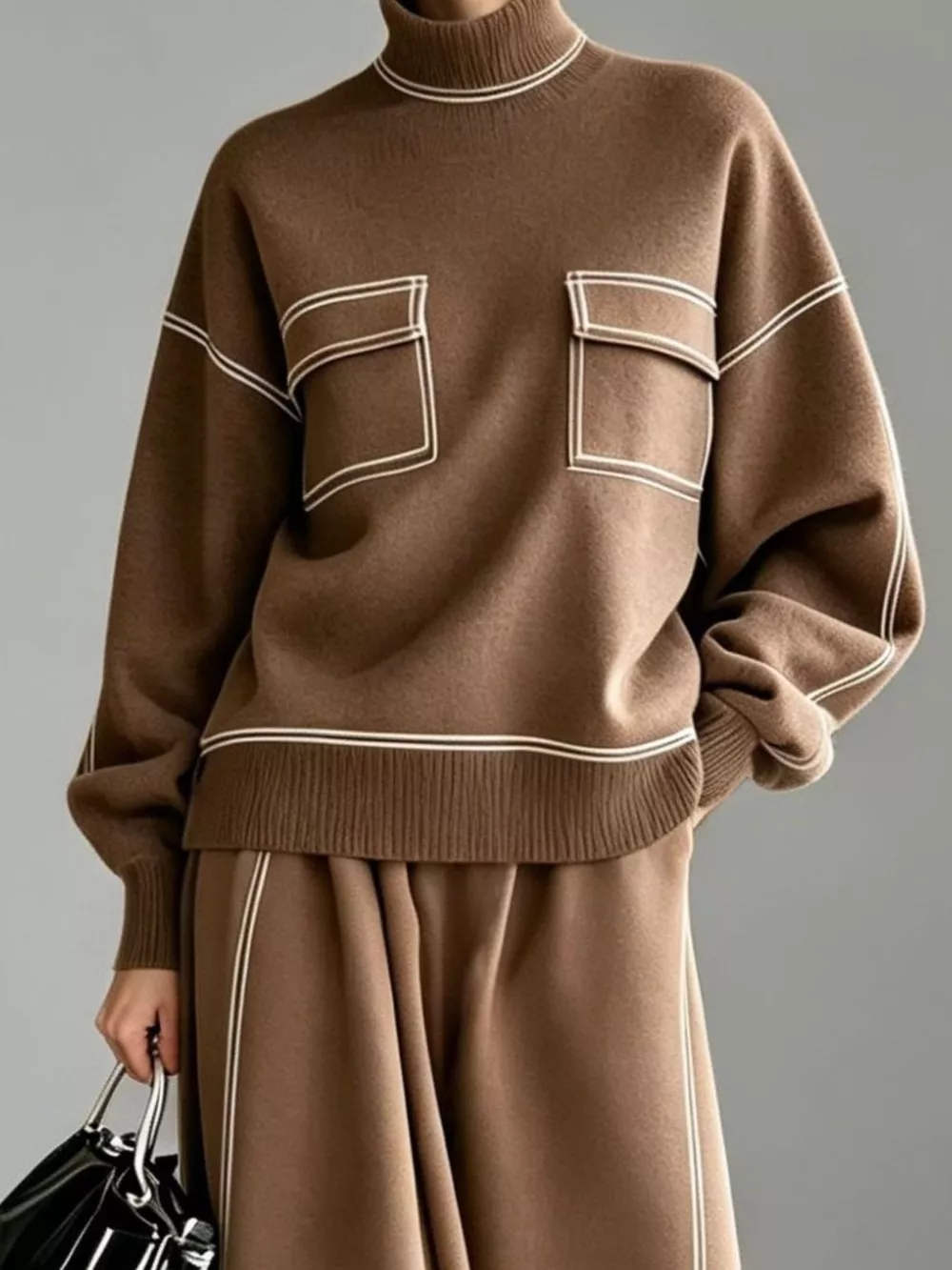 Turtleneck Knit Top and Midi Skirt Set, image 9