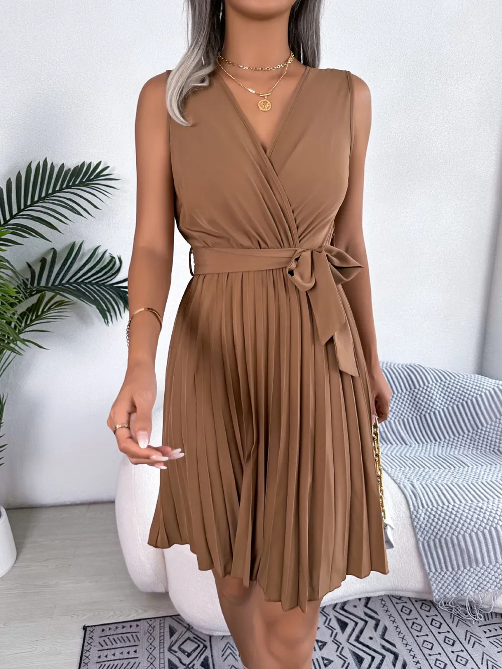 Tied Surplice Sleeveless Pleated Dress, image 17