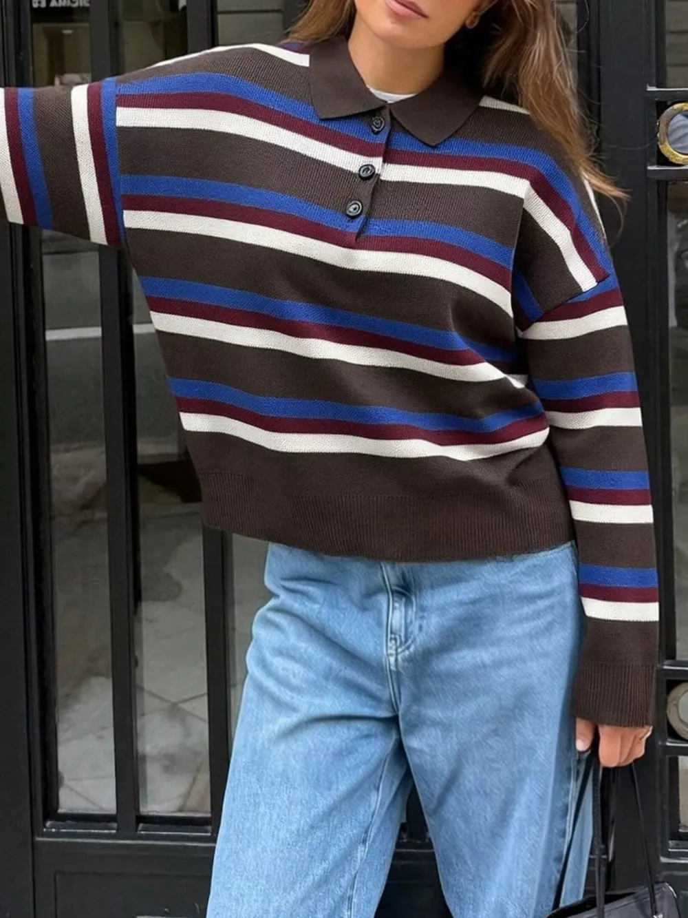 Striped Polo Collar Knit Sweater, image 10