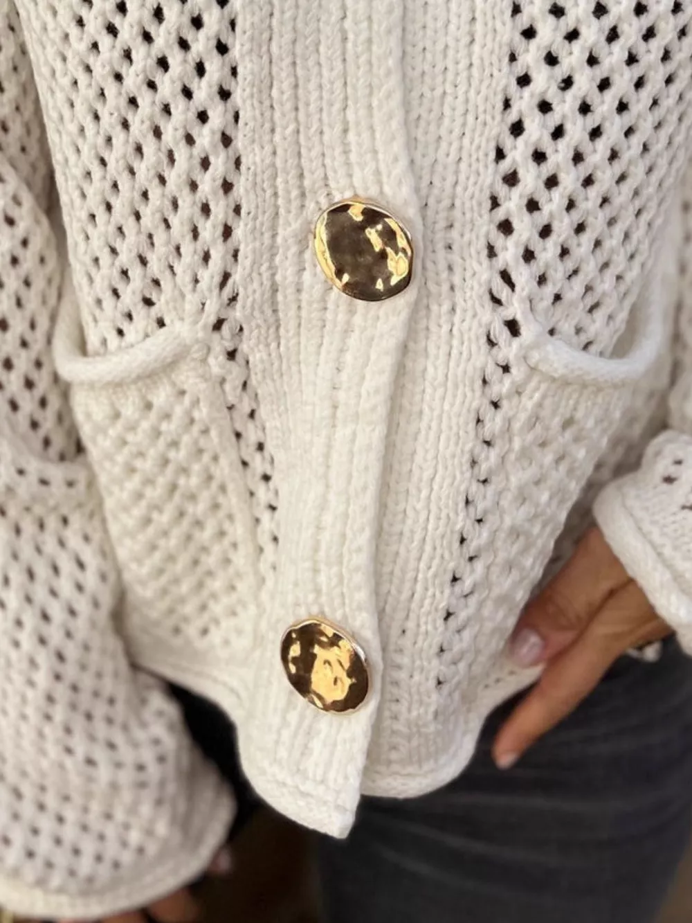 Crochet Button Up Long Sleeve Cardigan, image 2