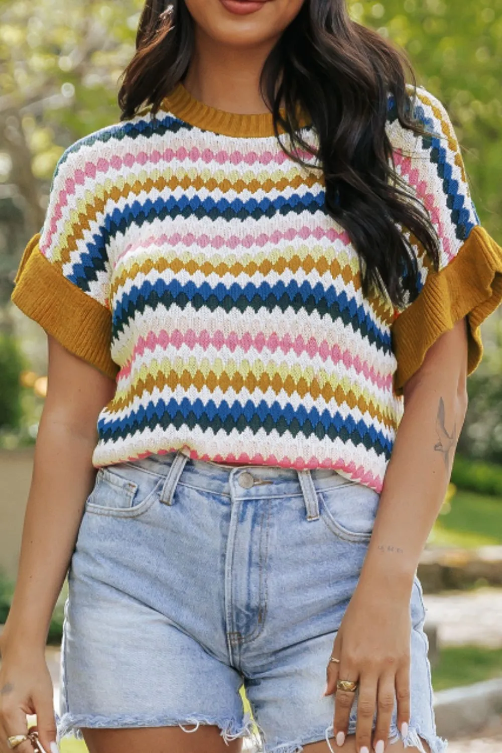 Contrast Round Neck Short Sleeve Sweater, image 4