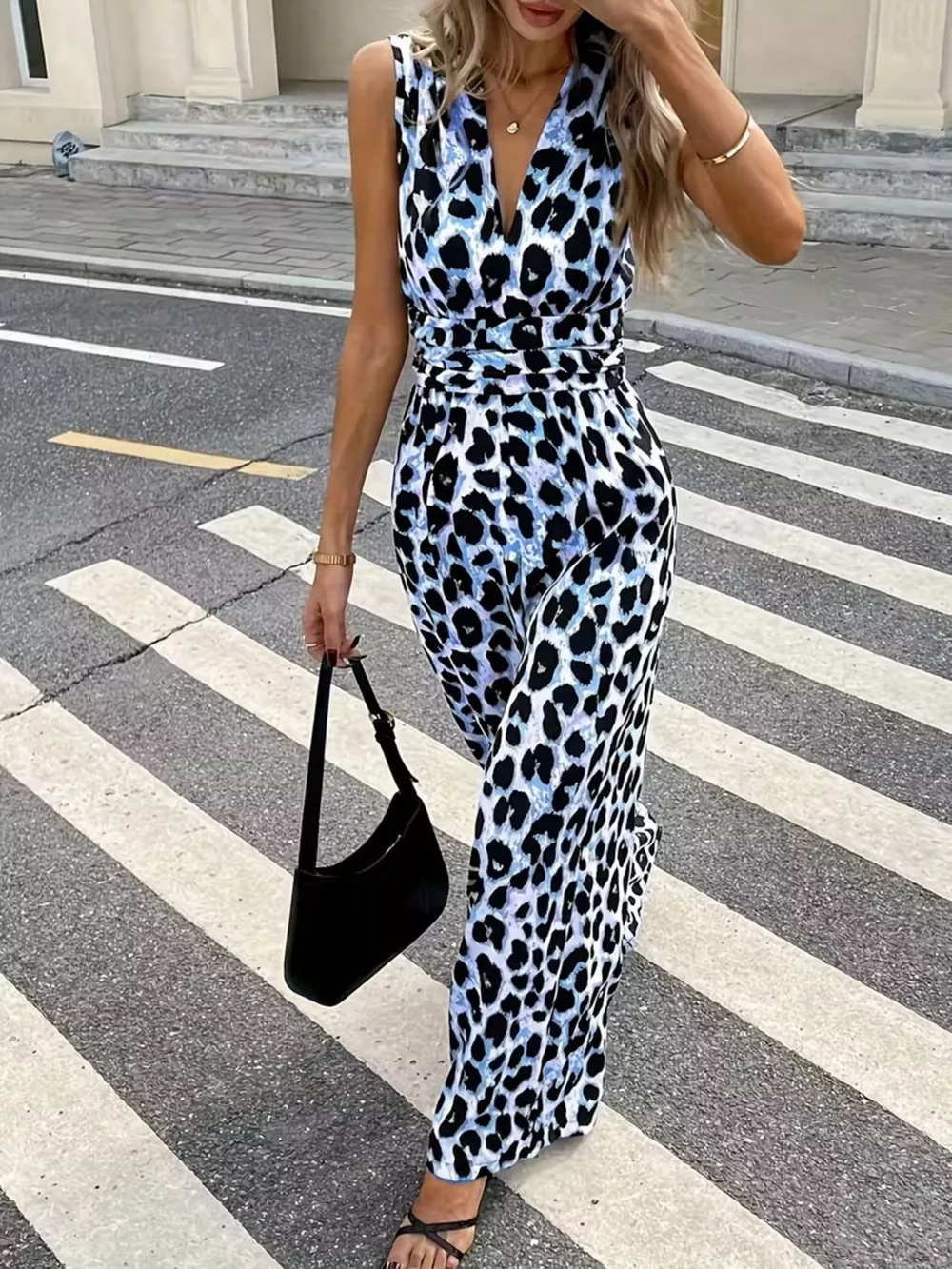 Sleeveless V-Neck Leopard Print Wide Leg Jumpsuit, image 2