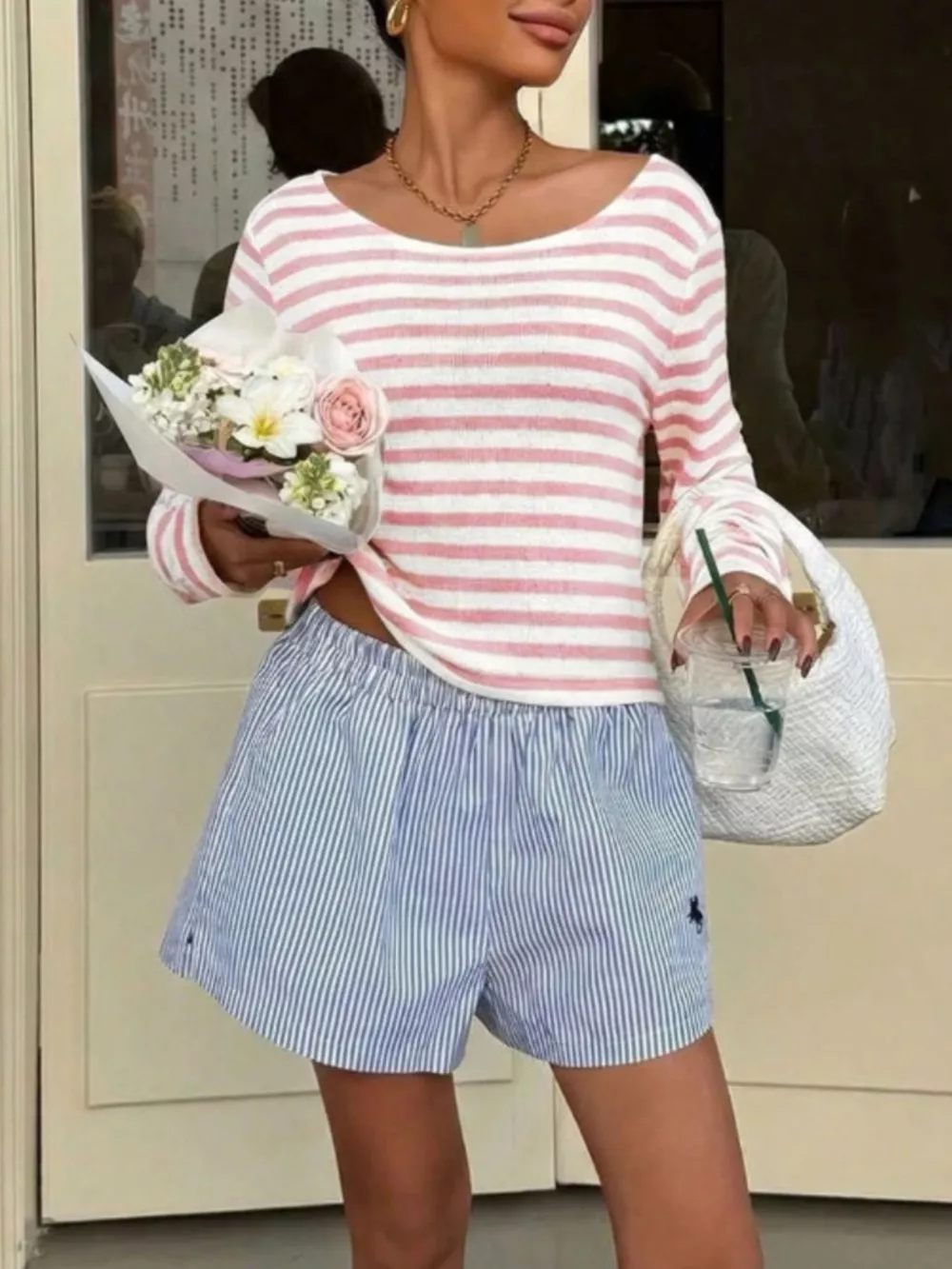 Boat Neck Striped Long Sleeve T-Shirt, image 16