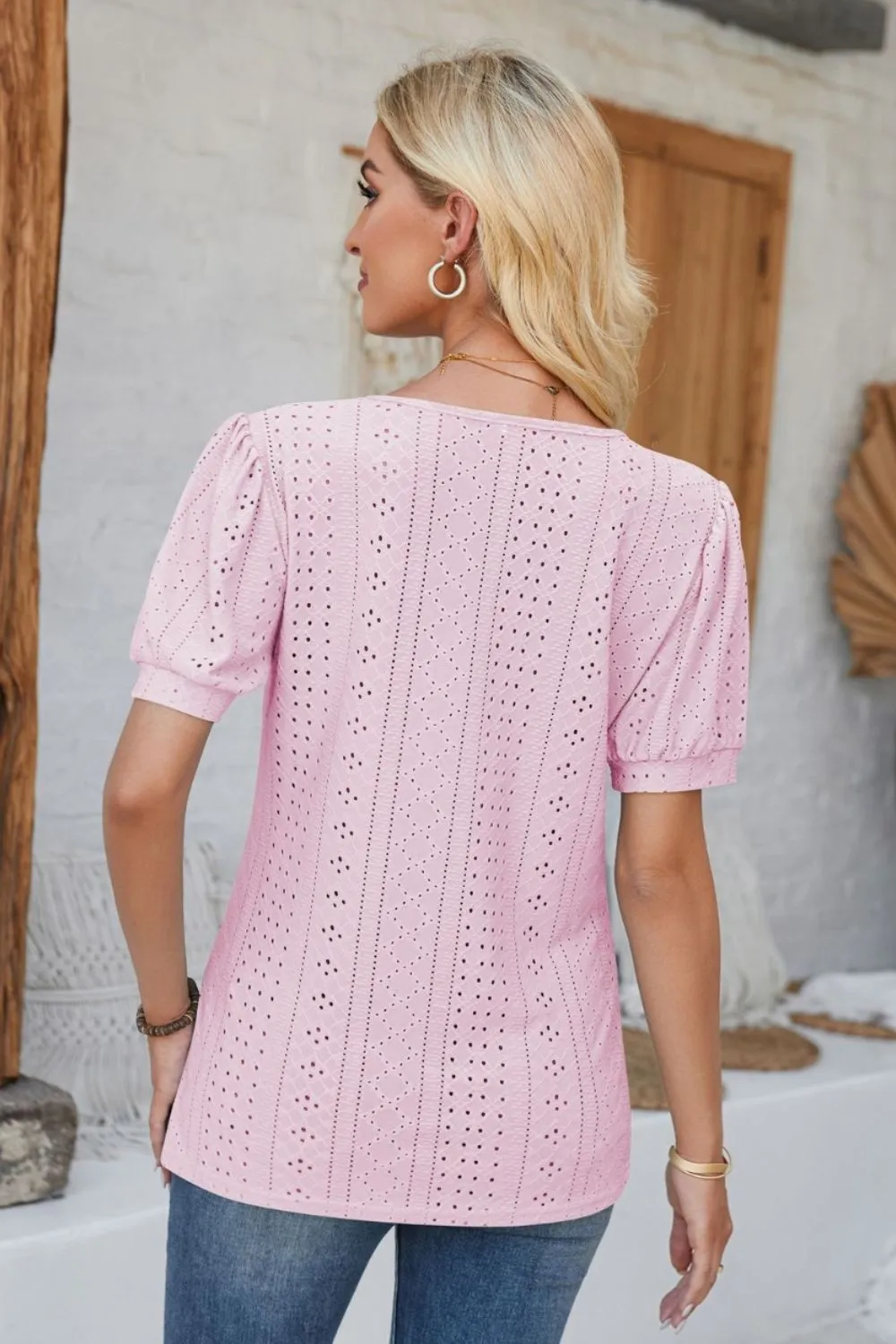 Eyelet Round Neck Short Sleeve Blouse, image 14