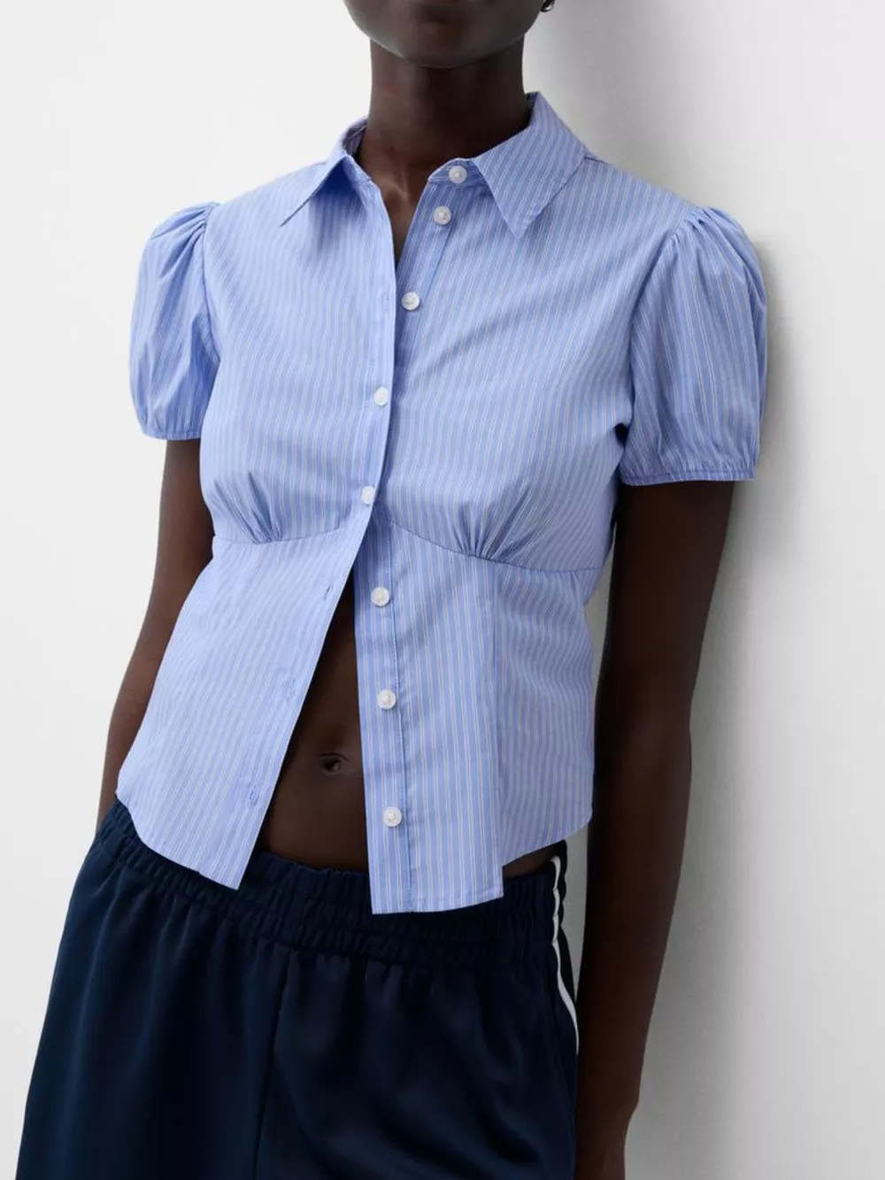 Striped Puff Sleeve Fitted Shirt, image 4