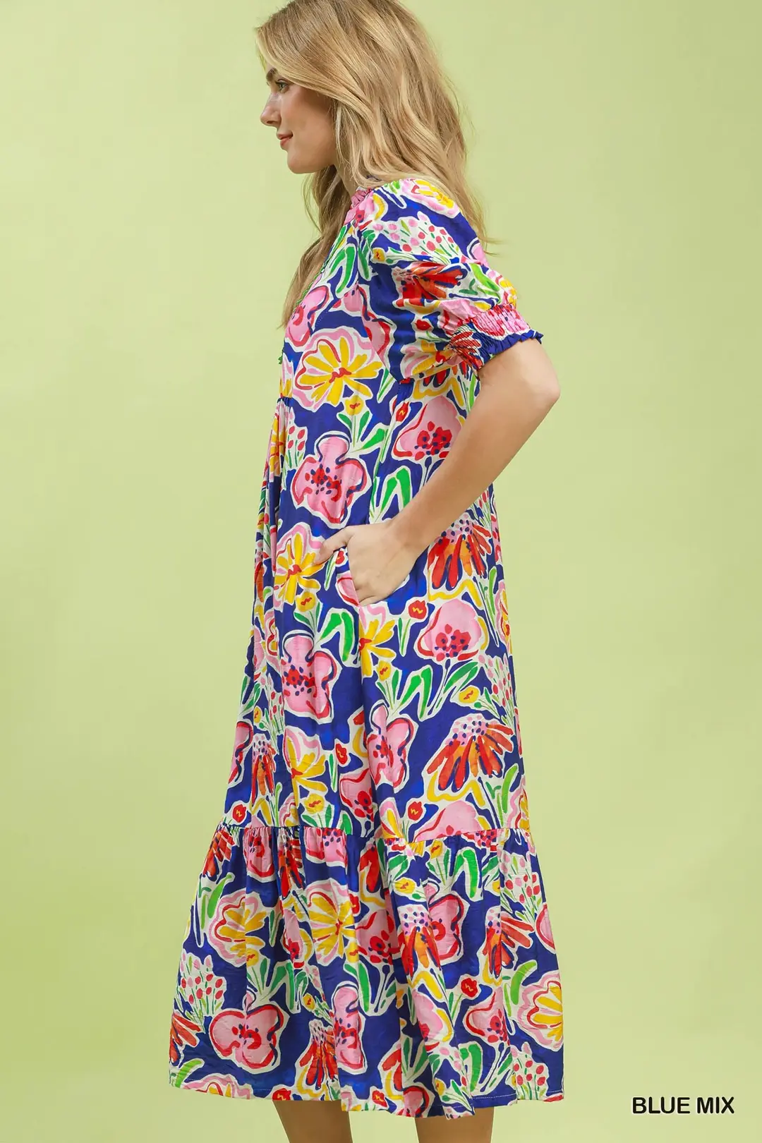 Floral Print Puff Sleeve Tiered Midi Dress, image 3