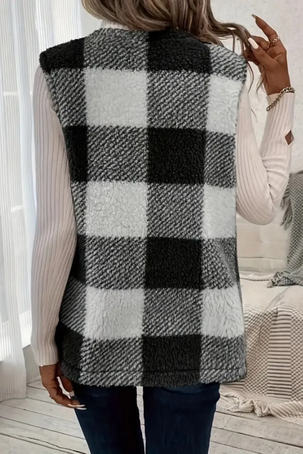 Sherpa Plaid Open Front Vest Coat, image 2