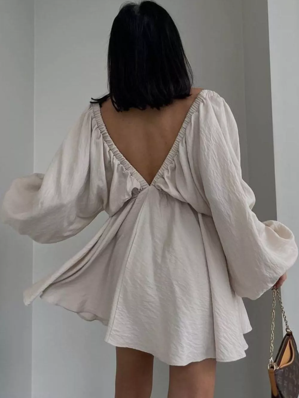 Deep V-Neck Balloon Sleeve Dress, image 4