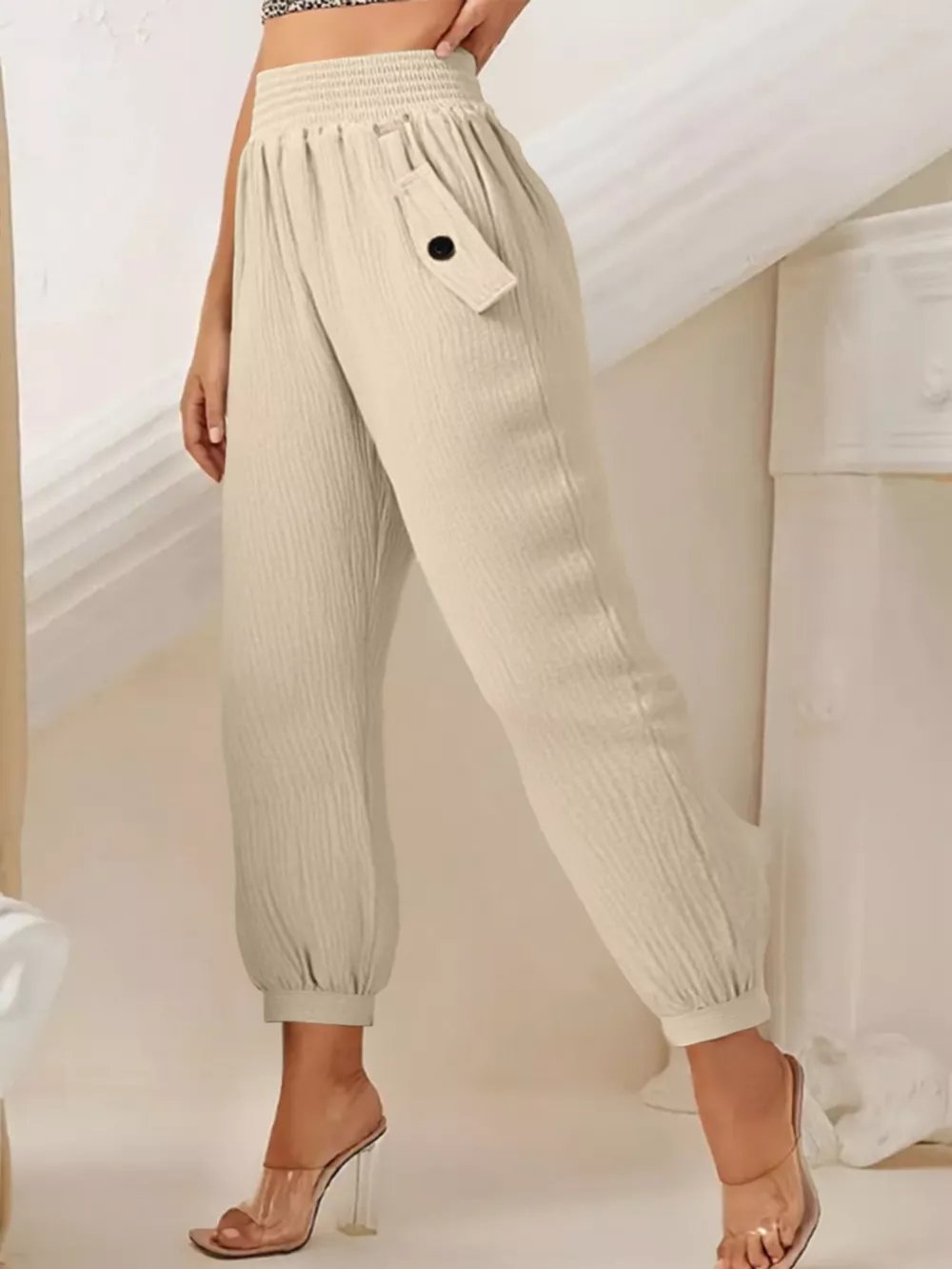 Smocked Textured Casual Pants, image 2