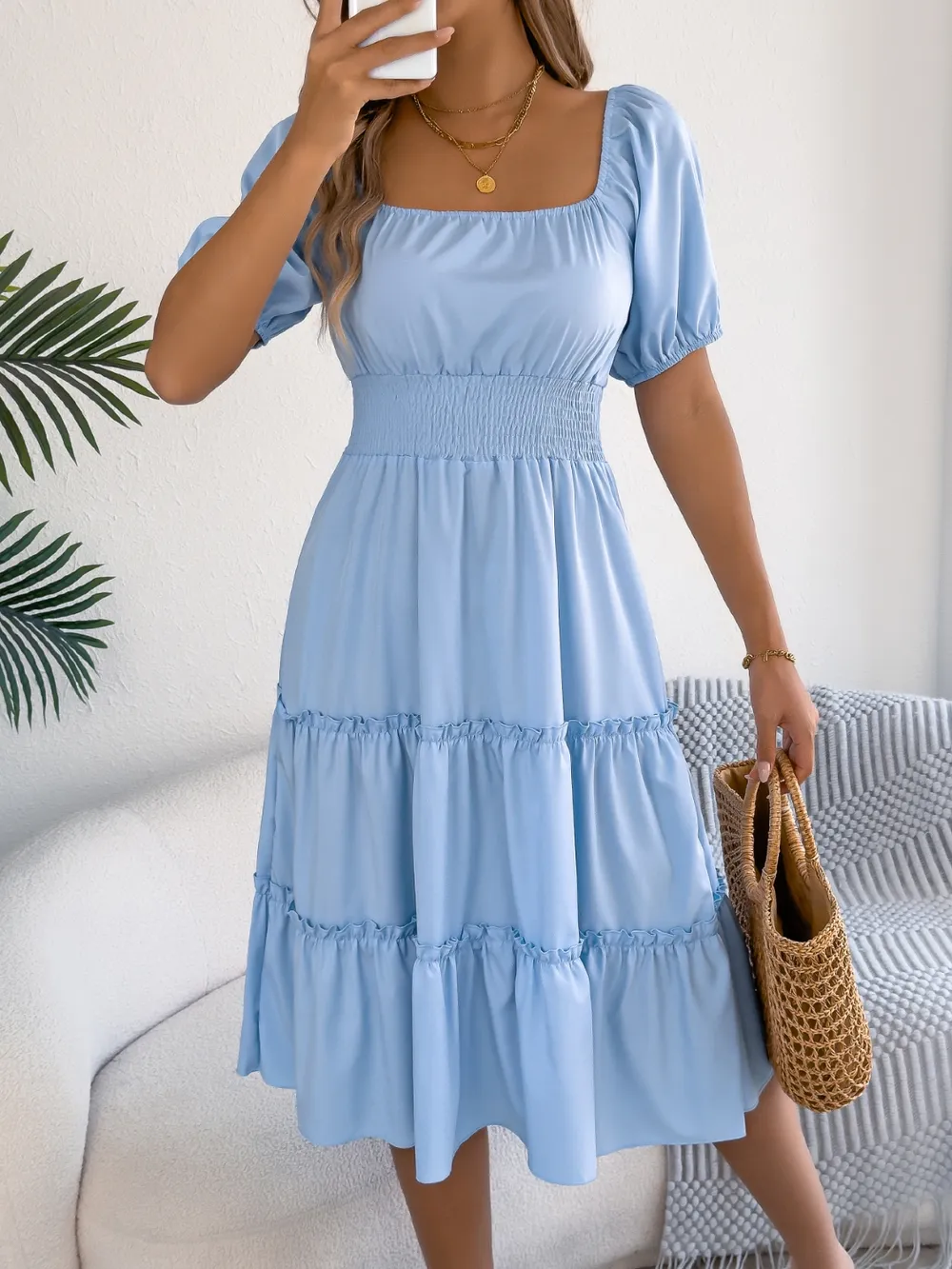 Square Neck Short Puff Sleeve Dress, image 2