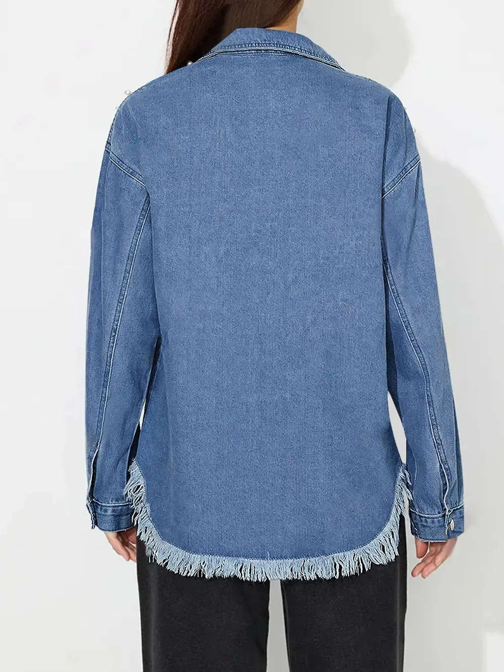 Raw Hem Pearl Trim Collared Neck Denim Top, image 3
