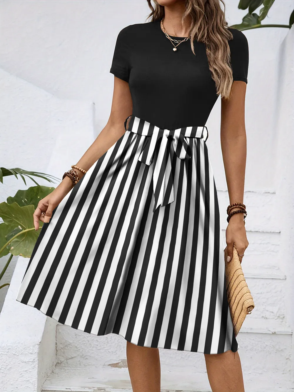 Striped Round Neck Short Sleeve Dress, image 3