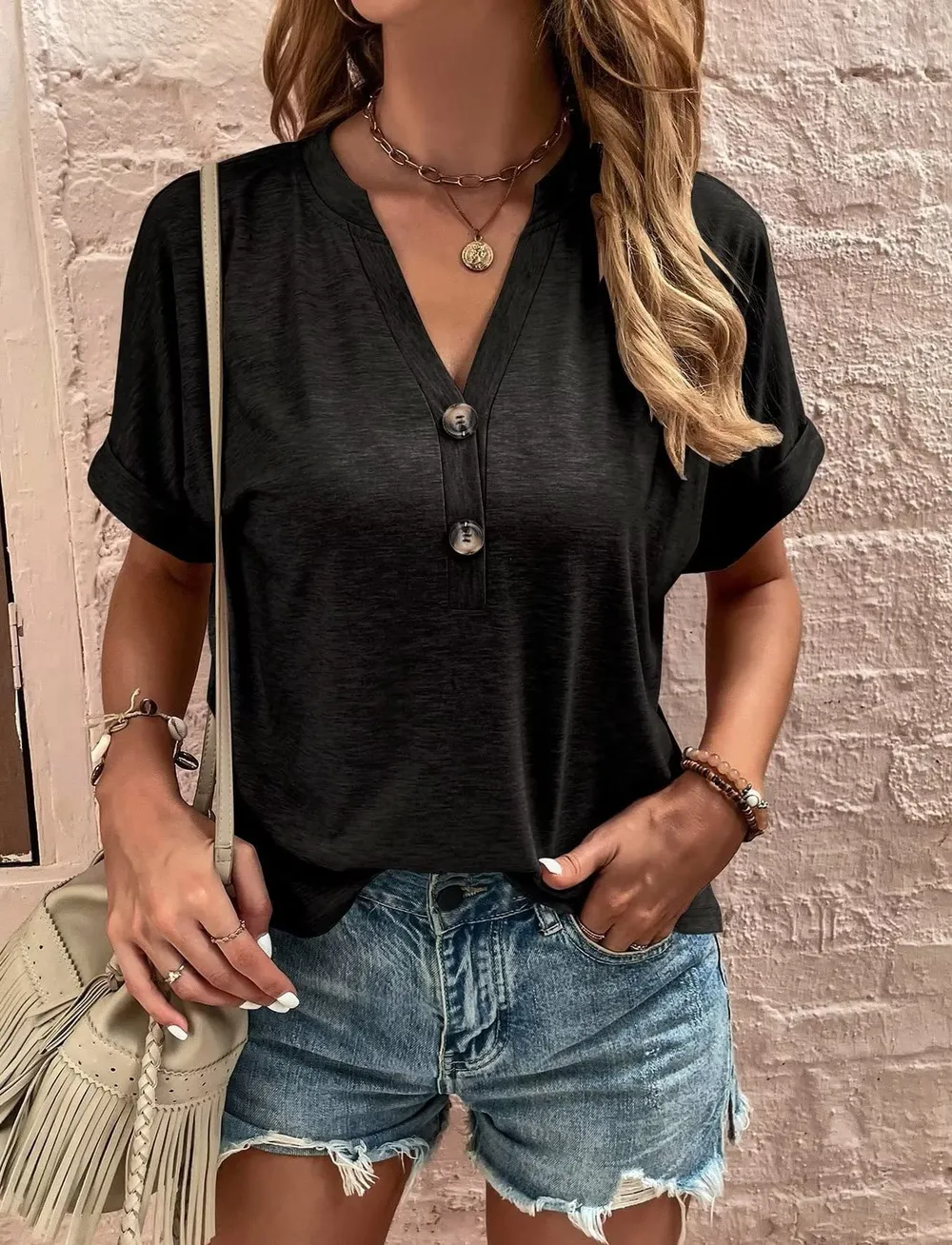 Full Size Notched Short Rolled Sleeve Top Plus Size, image 2
