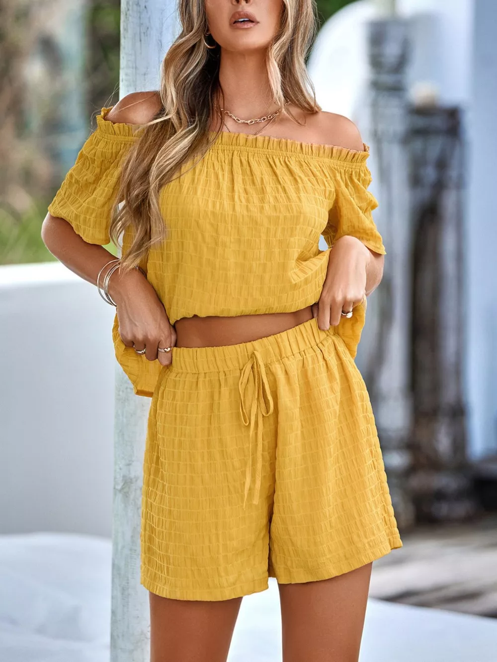 Off-Shoulder Short Sleeve Top and Shorts Set, image 2