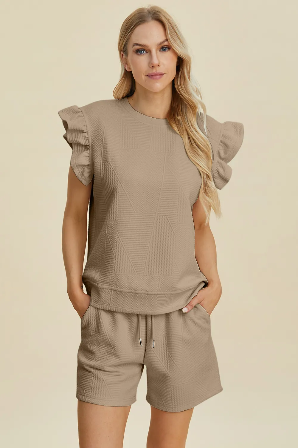 Full Size Texture Round Neck Ruffle Sleeve Top and Shorts Set, image 2
