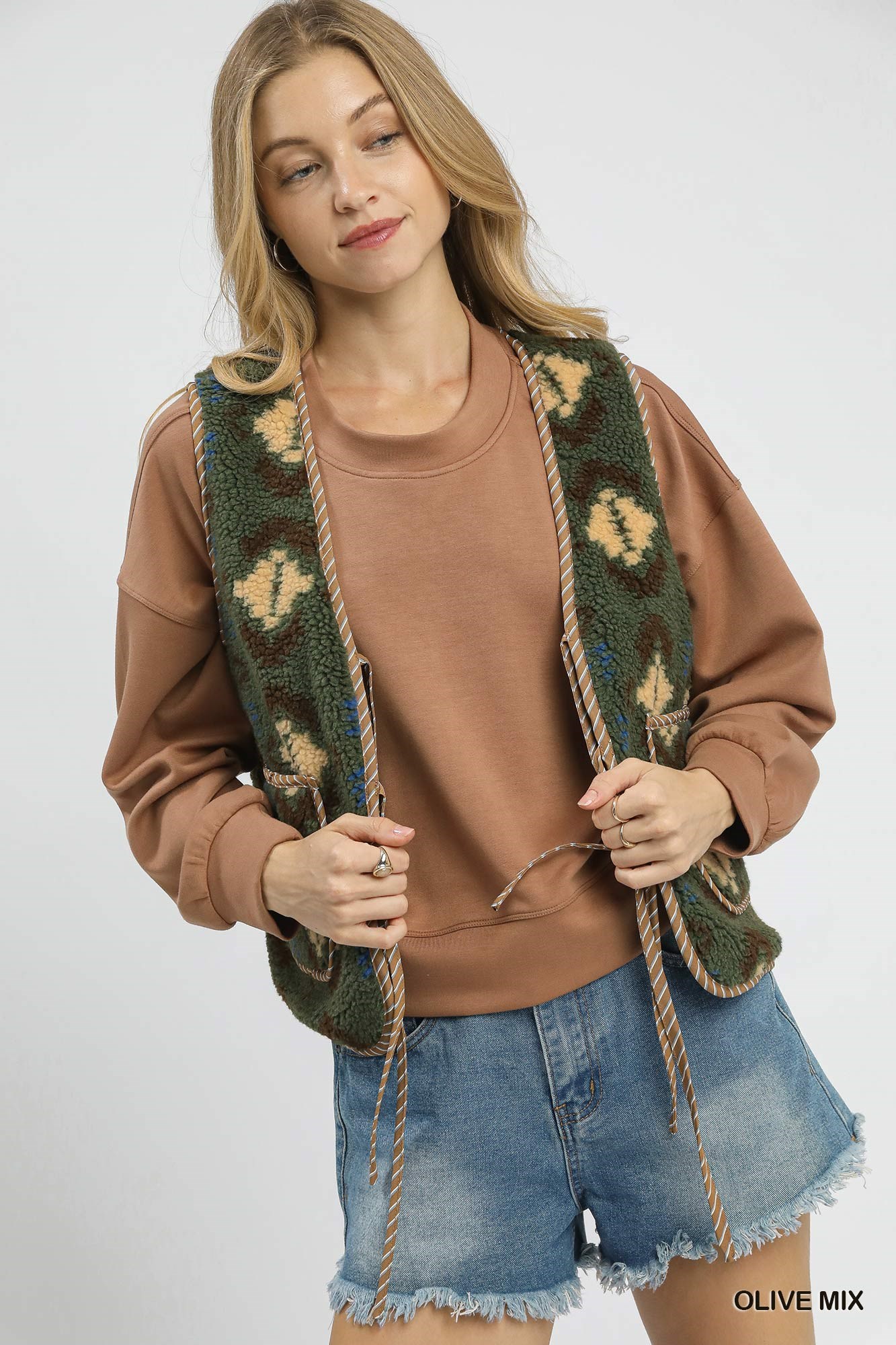 Mix Patterned Sherpa Tie-Front Vest, image 2
