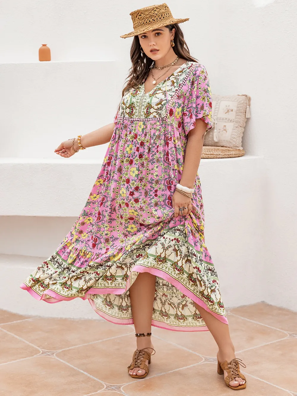 Plus Size Floral Tie Neck Flutter Sleeve Maxi Dress, image 2