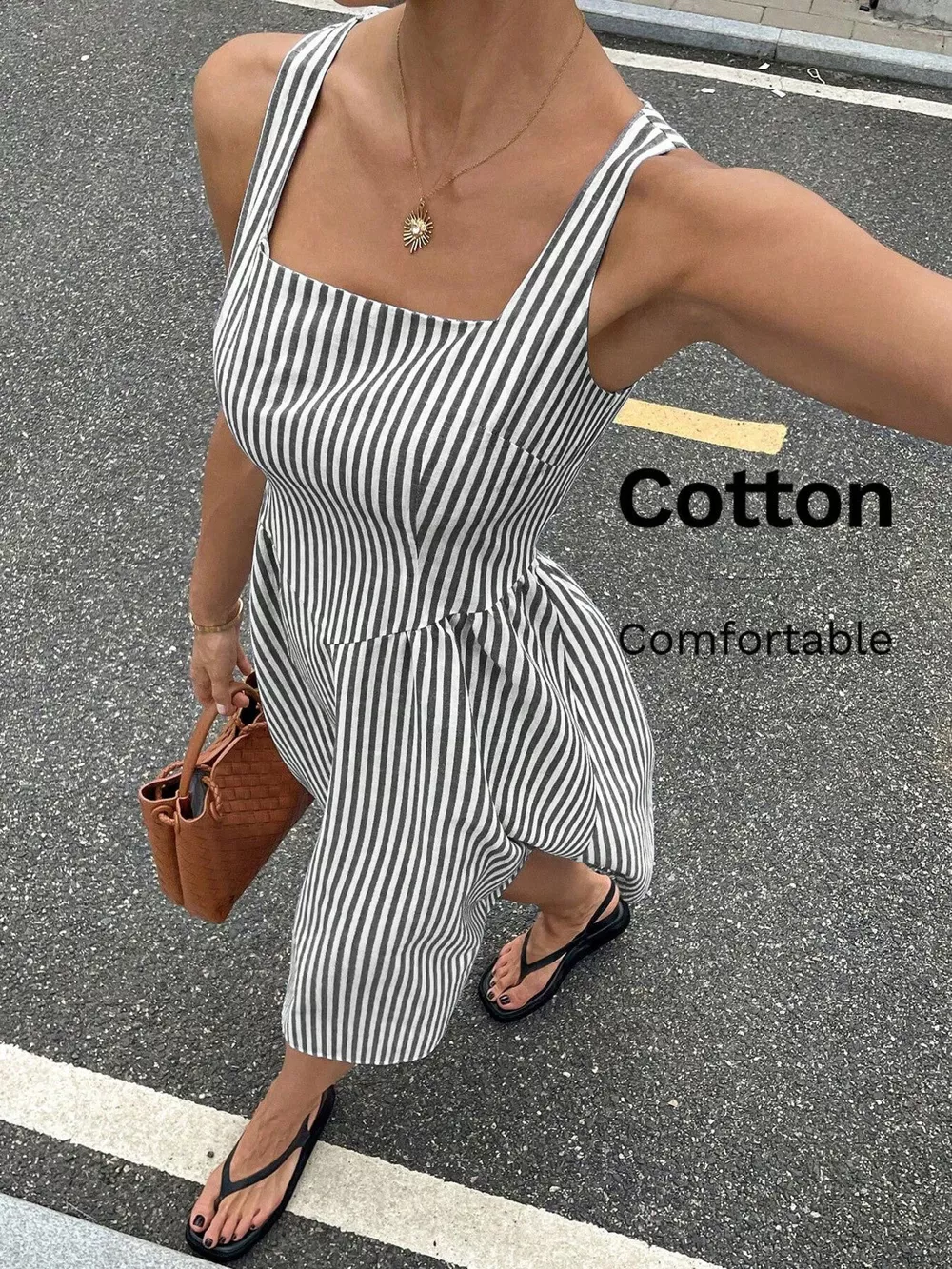 Striped Square Neck Midi Dress, image 2