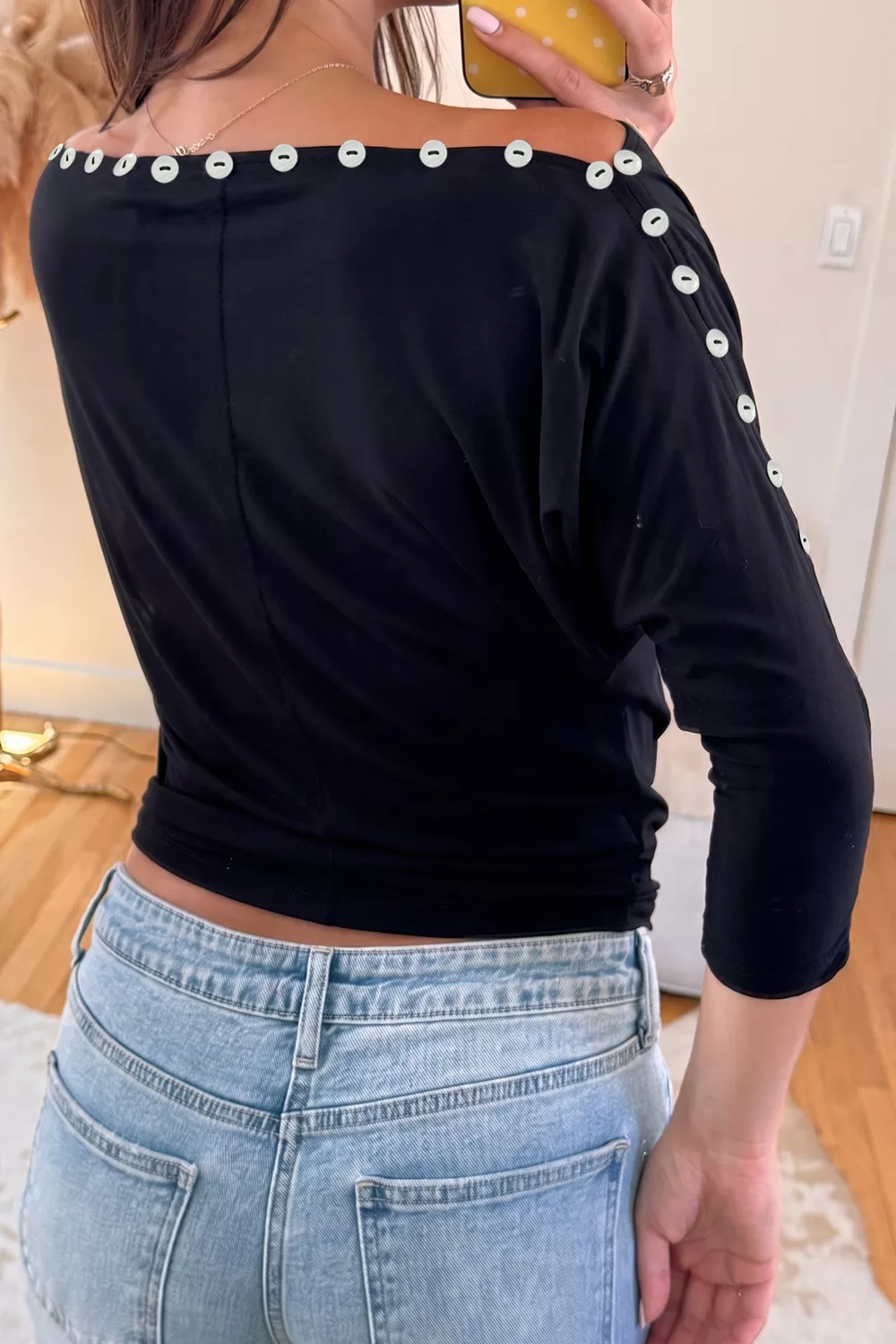 3/4 Sleeve Button Detail Off Shoulder Top, image 2