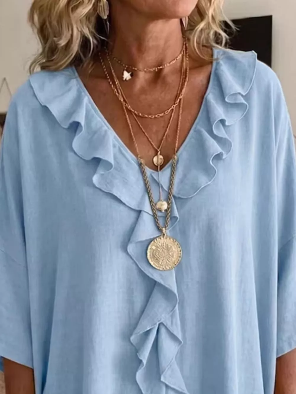 Full Size Ruffled V-Neck 3/4 Sleeve Blouse Plus Size, image 8