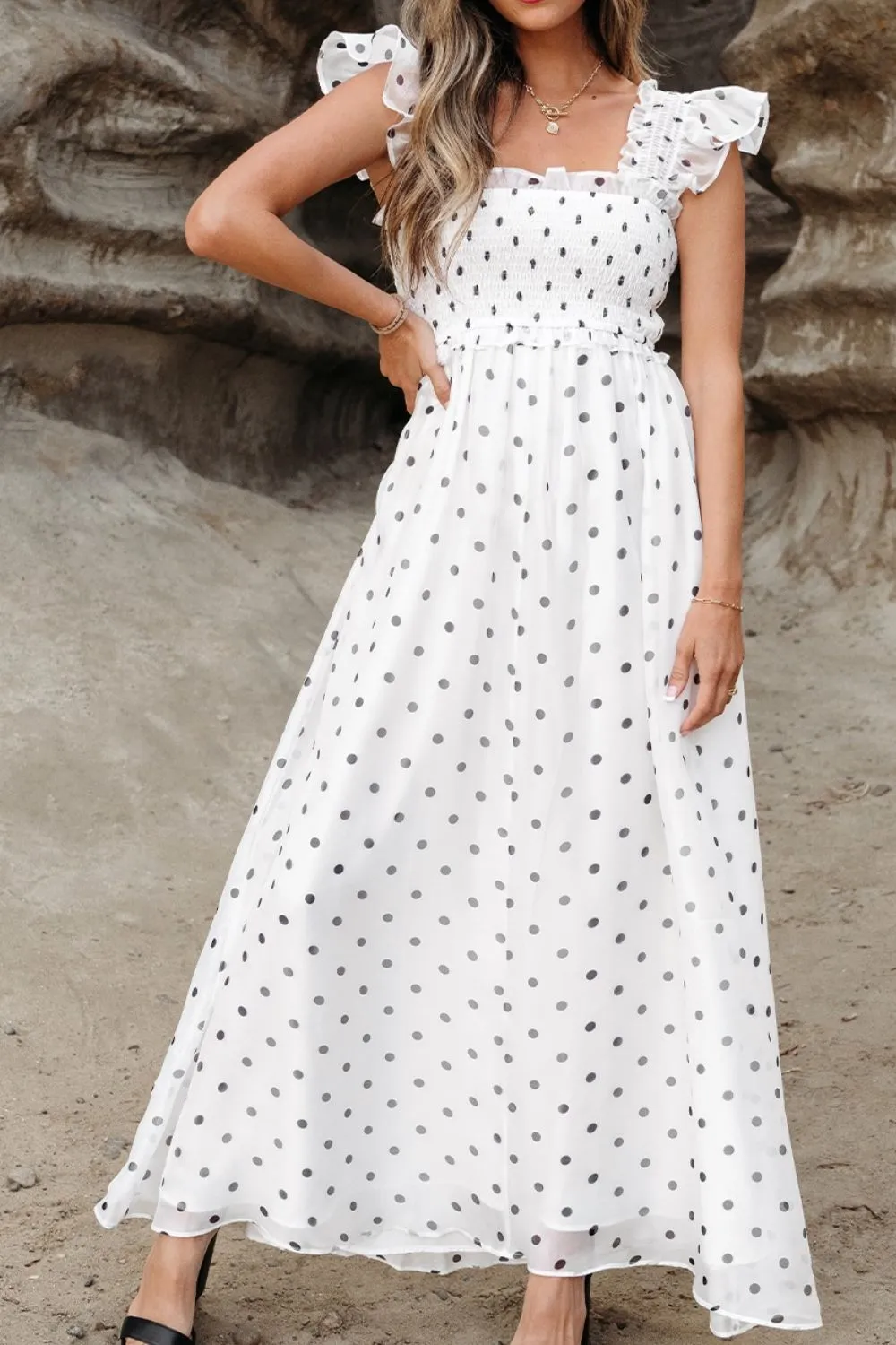 Polka Dot Ruffle Sleeve Smocked Midi Dress, image 2