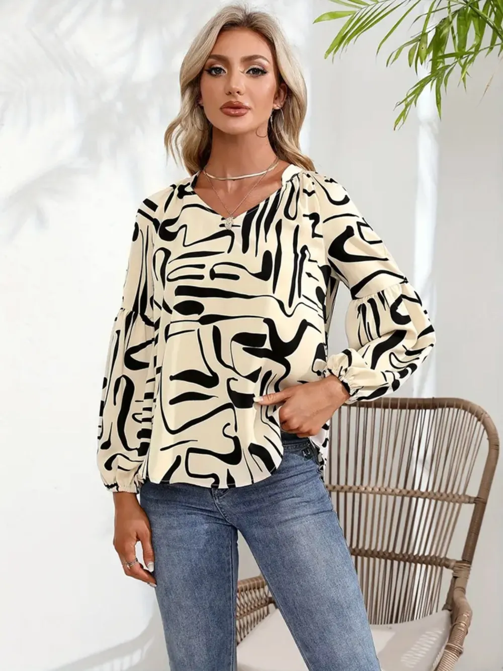 Printed Notched Long Sleeve Blouse, image 4
