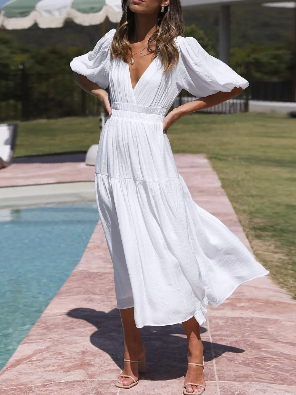 V-Neck Puff Sleeve Midi Dress, image 3