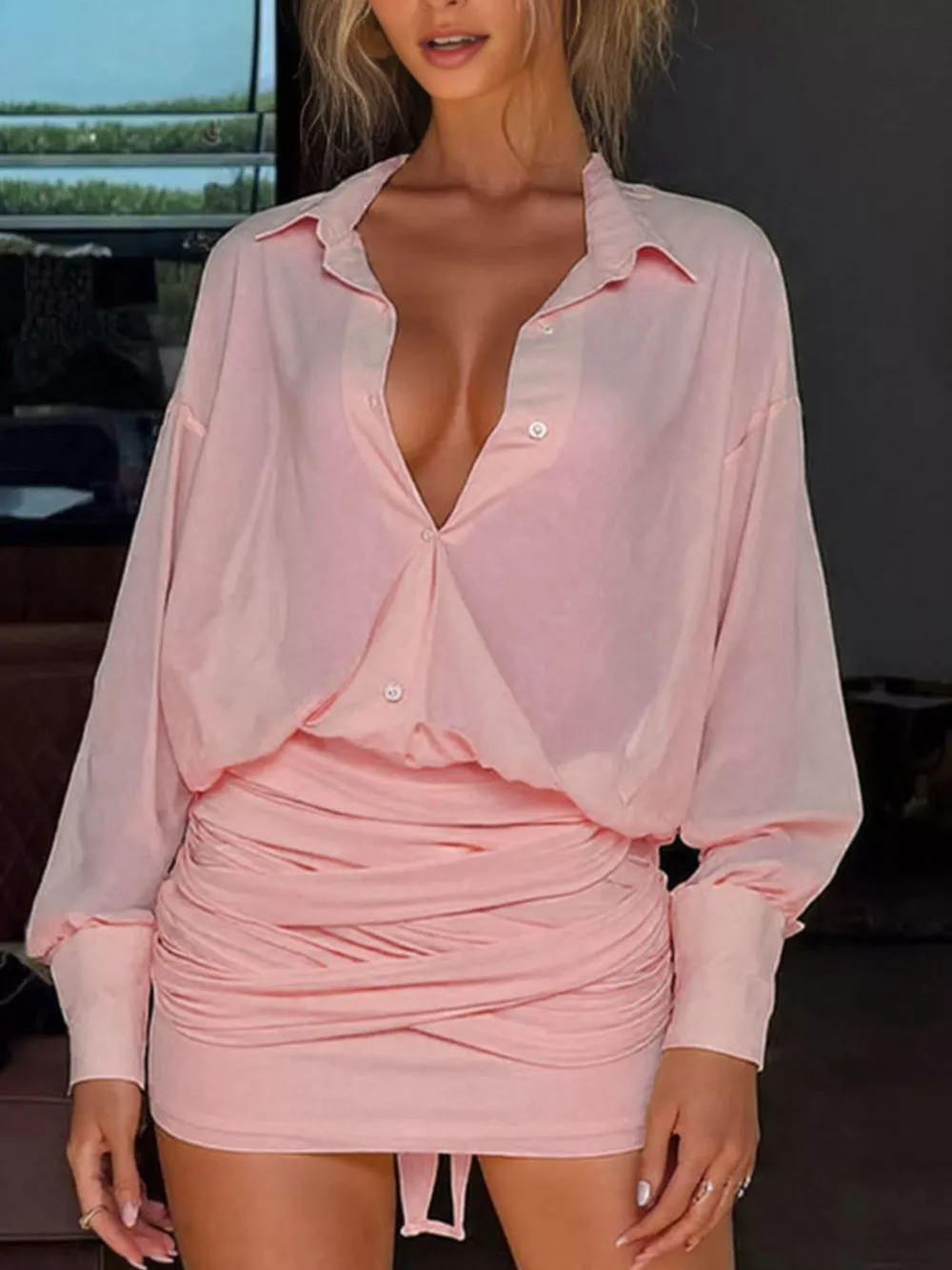 Sheer Button-Down Mini Shirt Dress with Back Tie, image 2