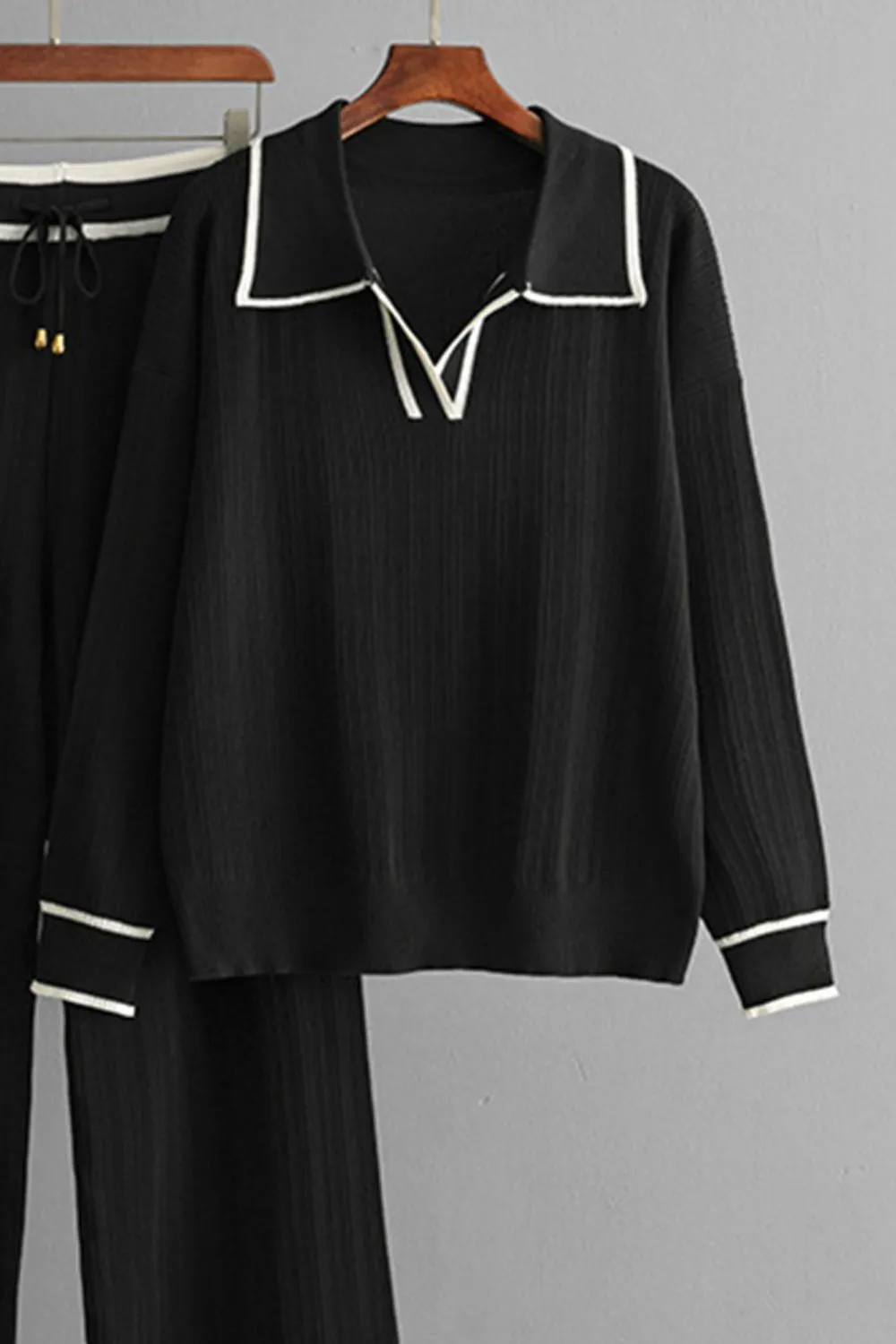 Contrast Trim Johnny Collar Top and Drawstring Pants Sweater Set, image 14