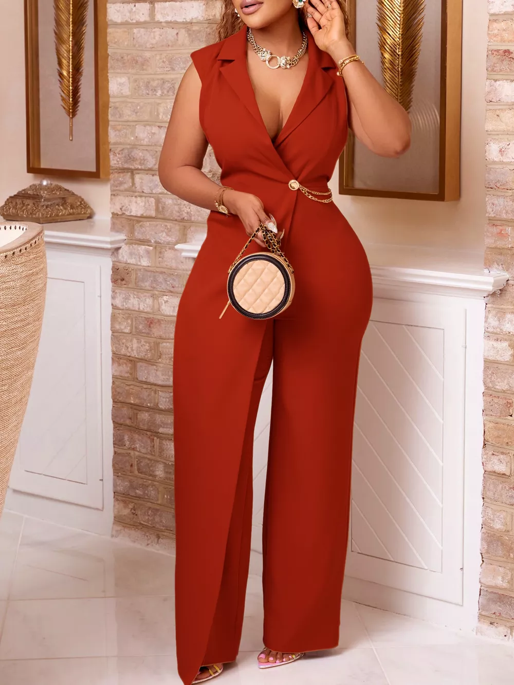 Full Size Asymmetrical Sleeveless Blazer Style Wide Leg Jumpsuit Plus Size, image 3