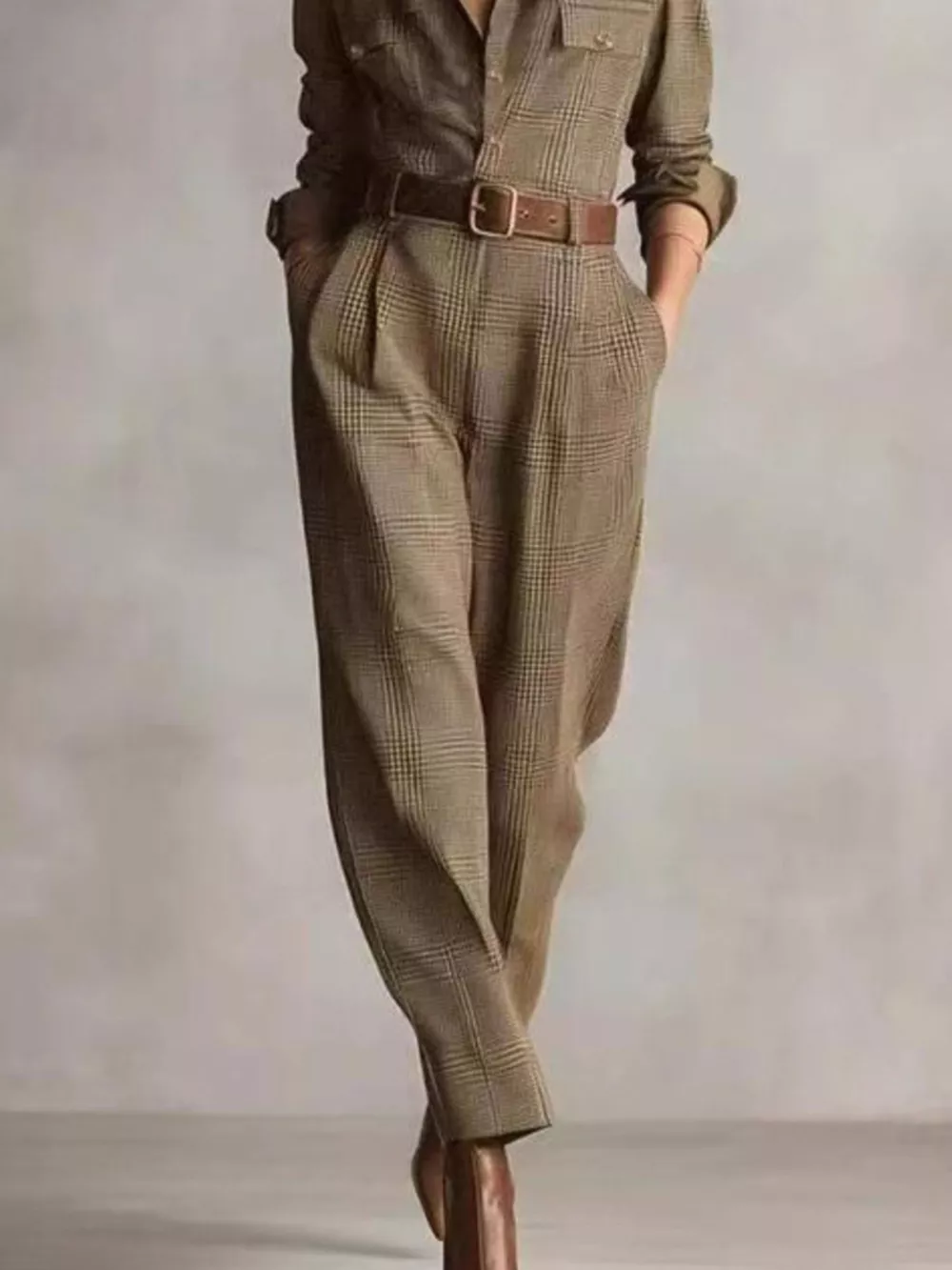 Plaid Long Sleeve Button Front Jumpsuit, image 3
