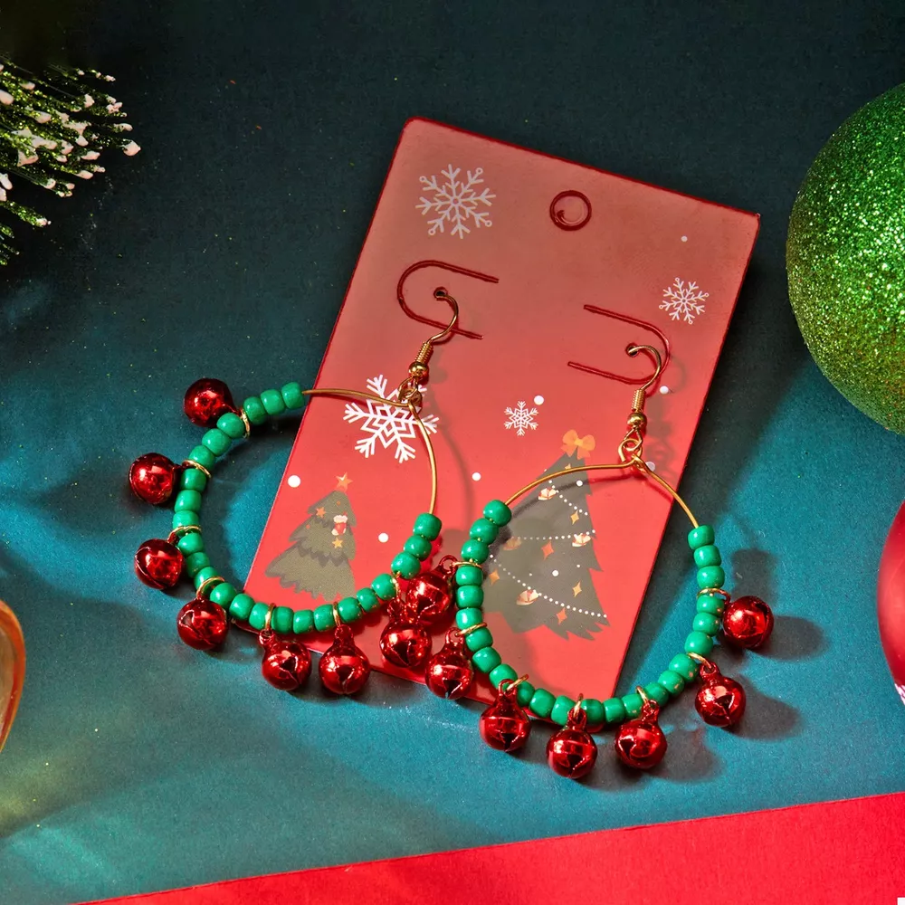 Christmas Beaded Hoop Earrings with Jingle Bells, image 4