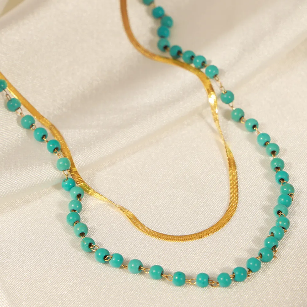 Turquoise Titanium Steel Double-Layered Necklace, image 2