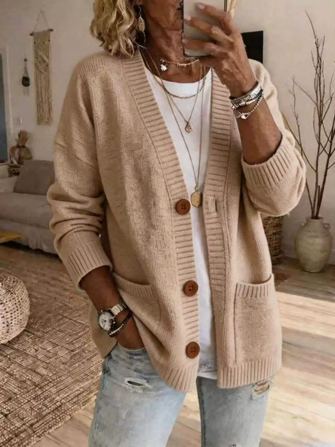 Casual V-Neck Button-Down Knit Cardigan with Pockets, image 13