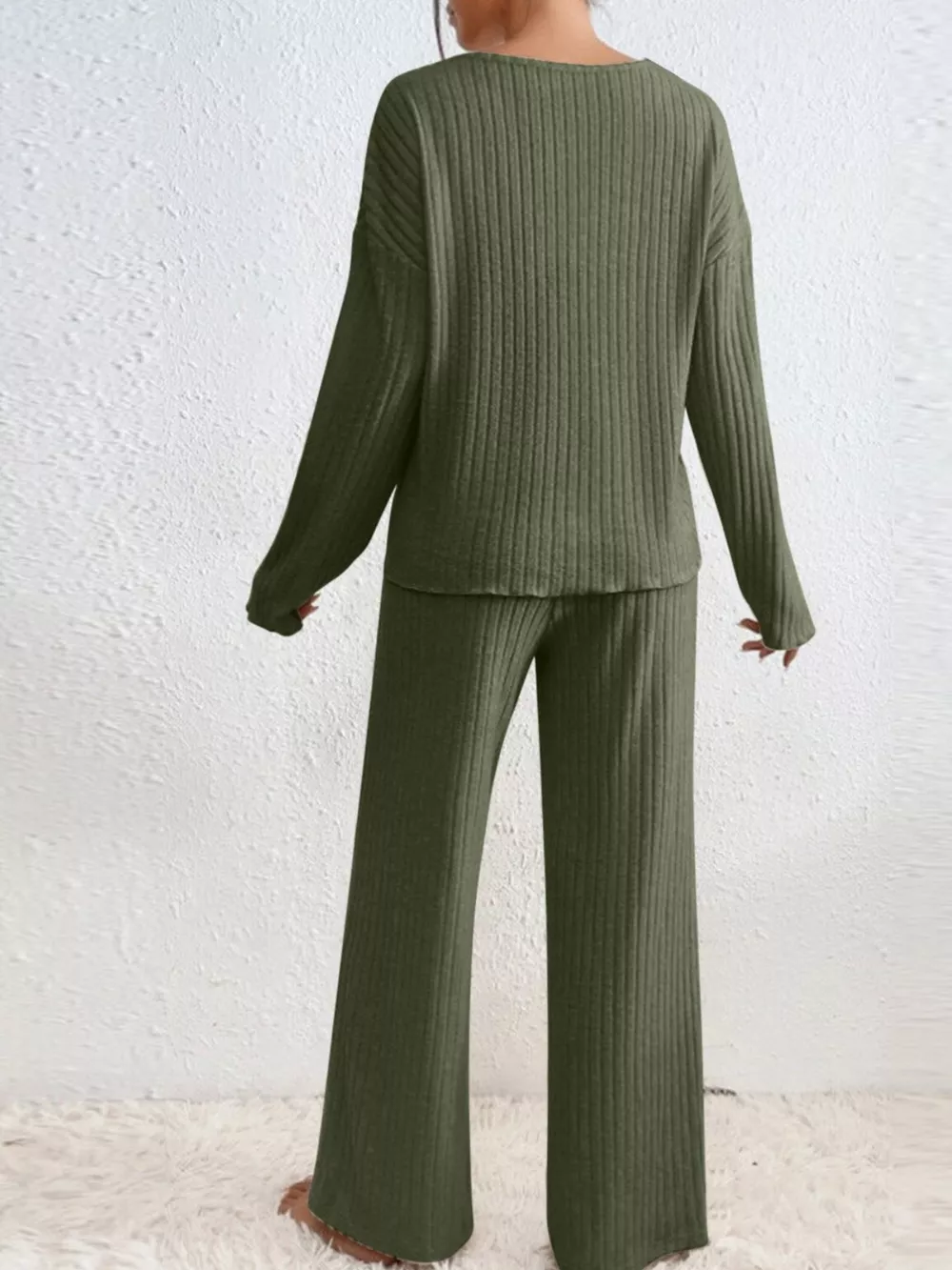 Ribbed V-Neck Top and Pants Set, image 2