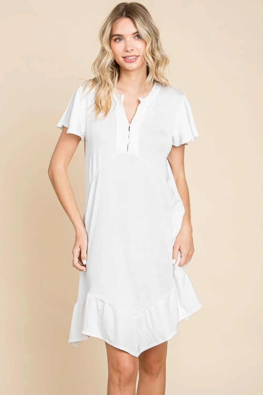 Full Size Short Sleeve Ruffled Asymmetric Hem Dress