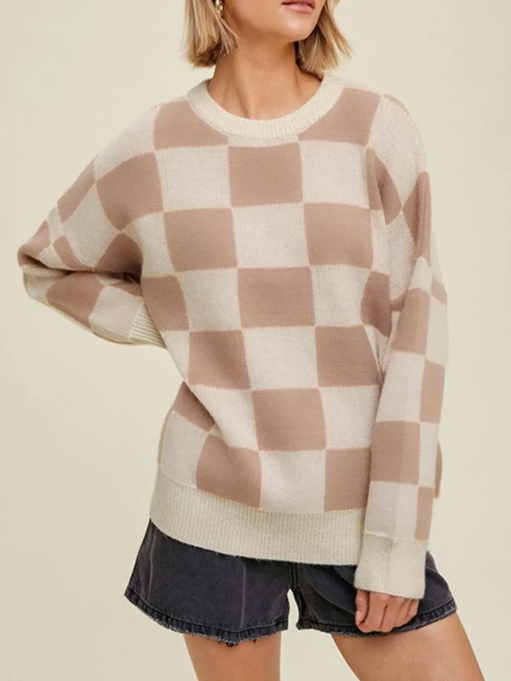 Checkered Pattern Ribbed Trim Knit Baggy Sweater