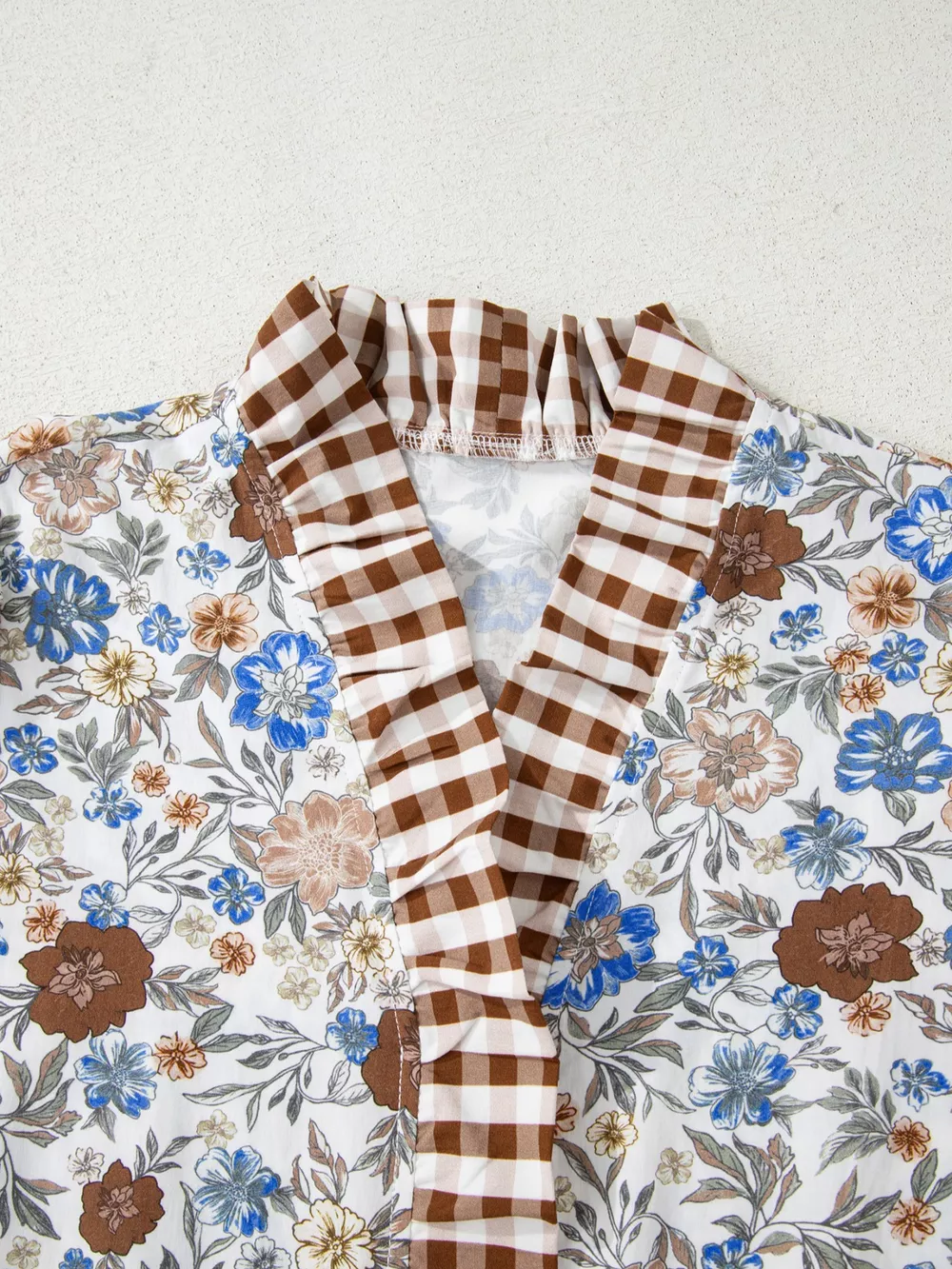 Plaid Frilled Trim V Neck Floral Long Sleeve Blouse, image 2